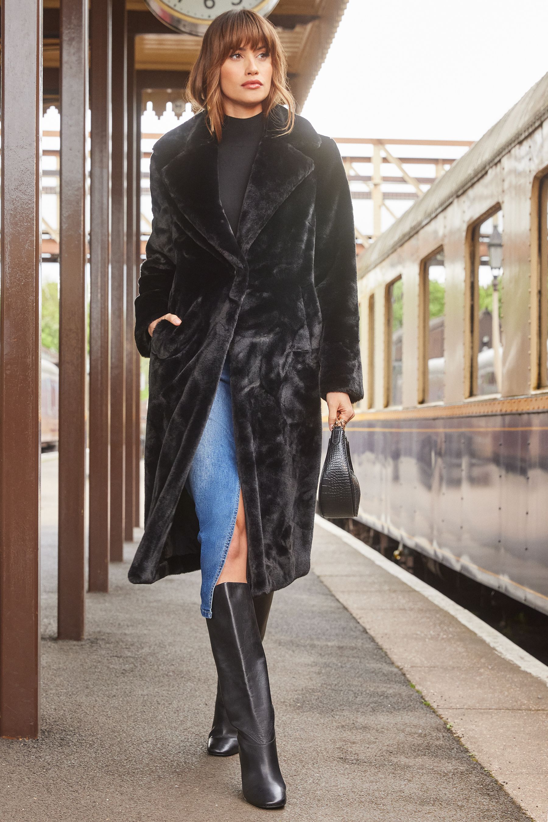 Buy Love Roses Black Long Line Oversized Lapel Faux Fur Coat from Next Luxembourg