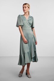 Y.A.S Sage Satin Short Sleeve Wrap & Ruffle Midi Occasion Dress - Image 1 of 5