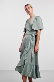 Y.A.S Sage Satin Short Sleeve Wrap & Ruffle Midi Occasion Dress - Image 2 of 5