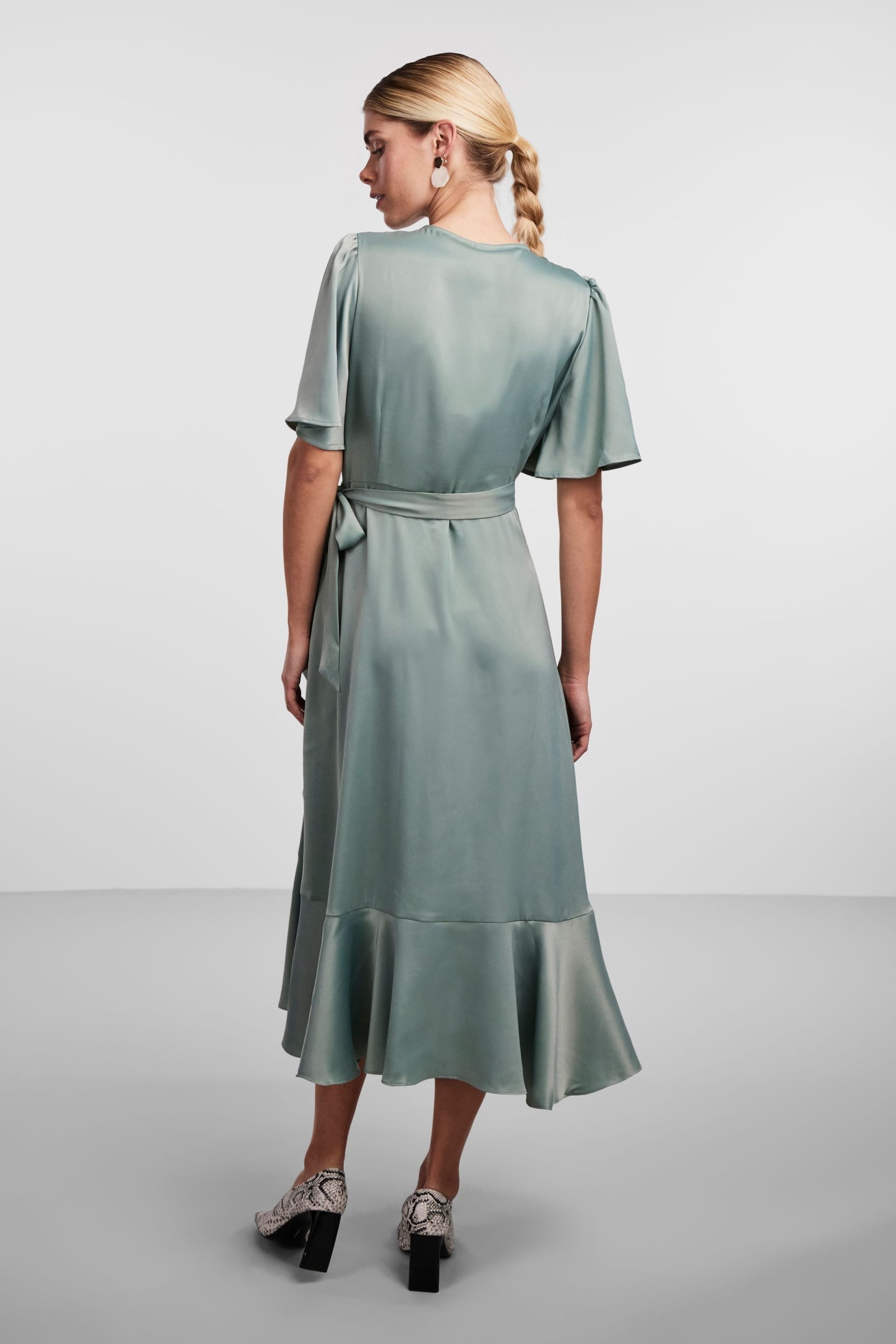 Y.A.S Sage Satin Short Sleeve Wrap & Ruffle Midi Occasion Dress - Image 3 of 5