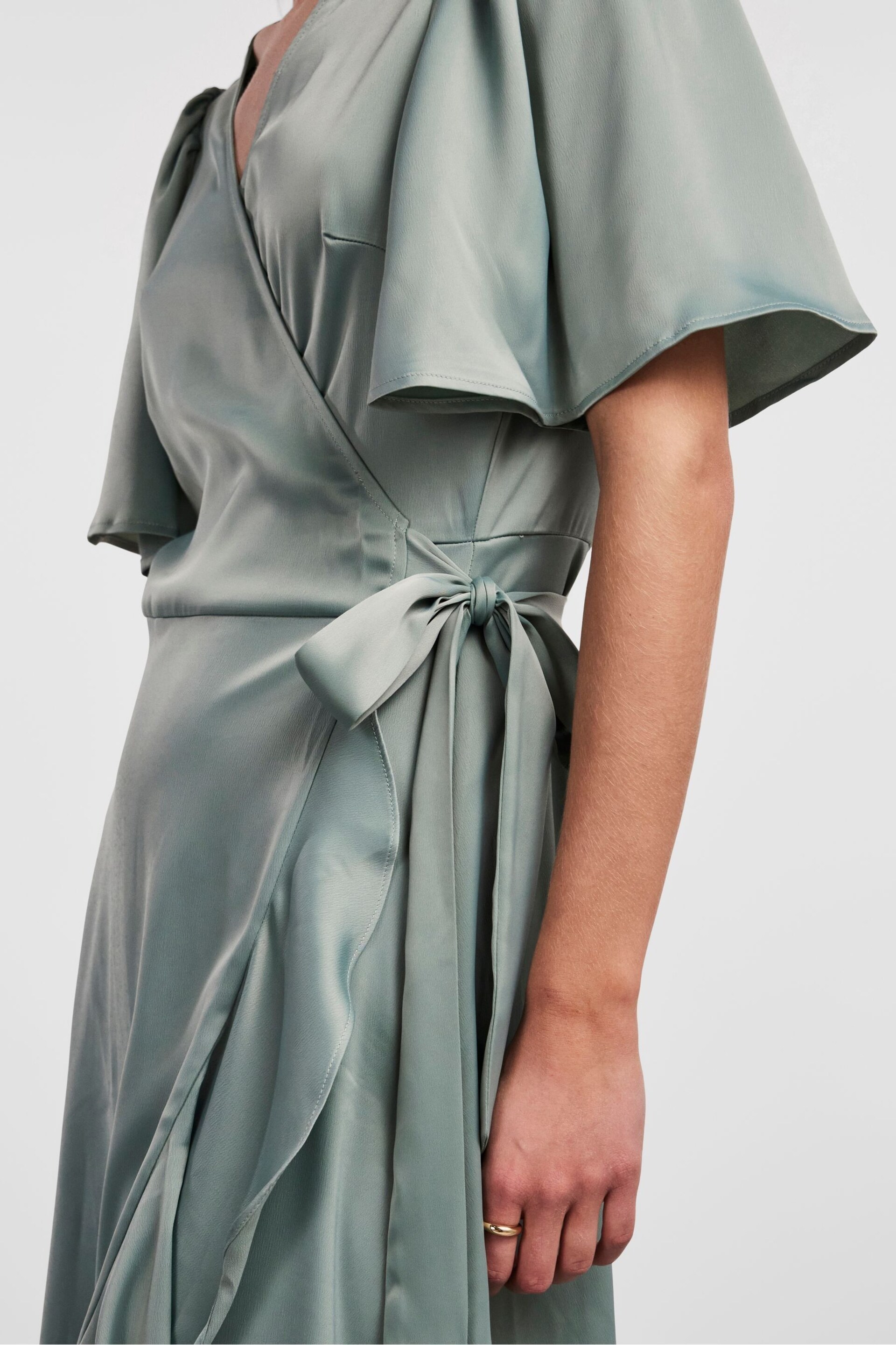 Y.A.S Sage Satin Short Sleeve Wrap & Ruffle Midi Occasion Dress - Image 4 of 5