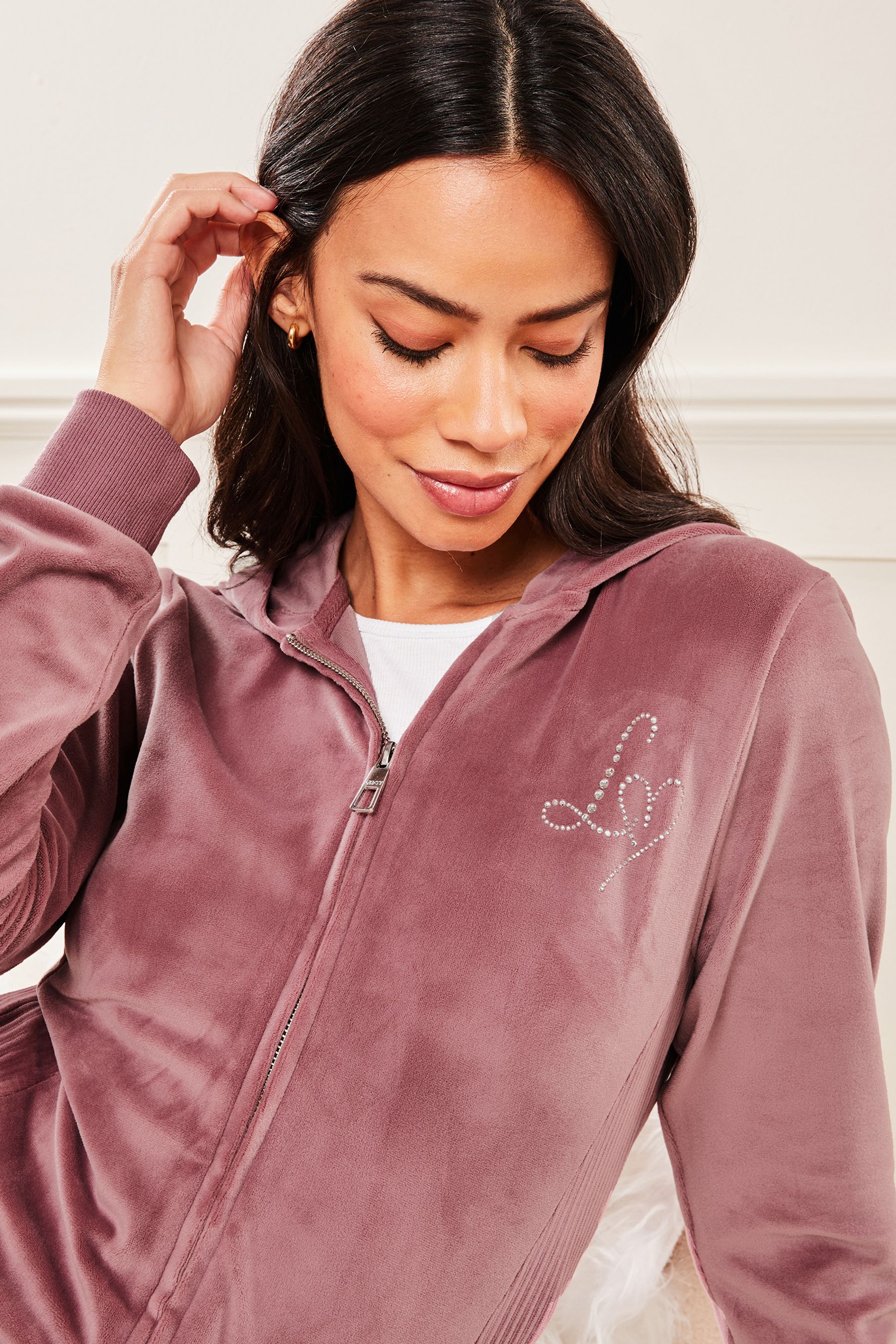 Buy Lipsy Rose Pink Embroidered Patch Velour Zip Up Hoodie from Next Ireland