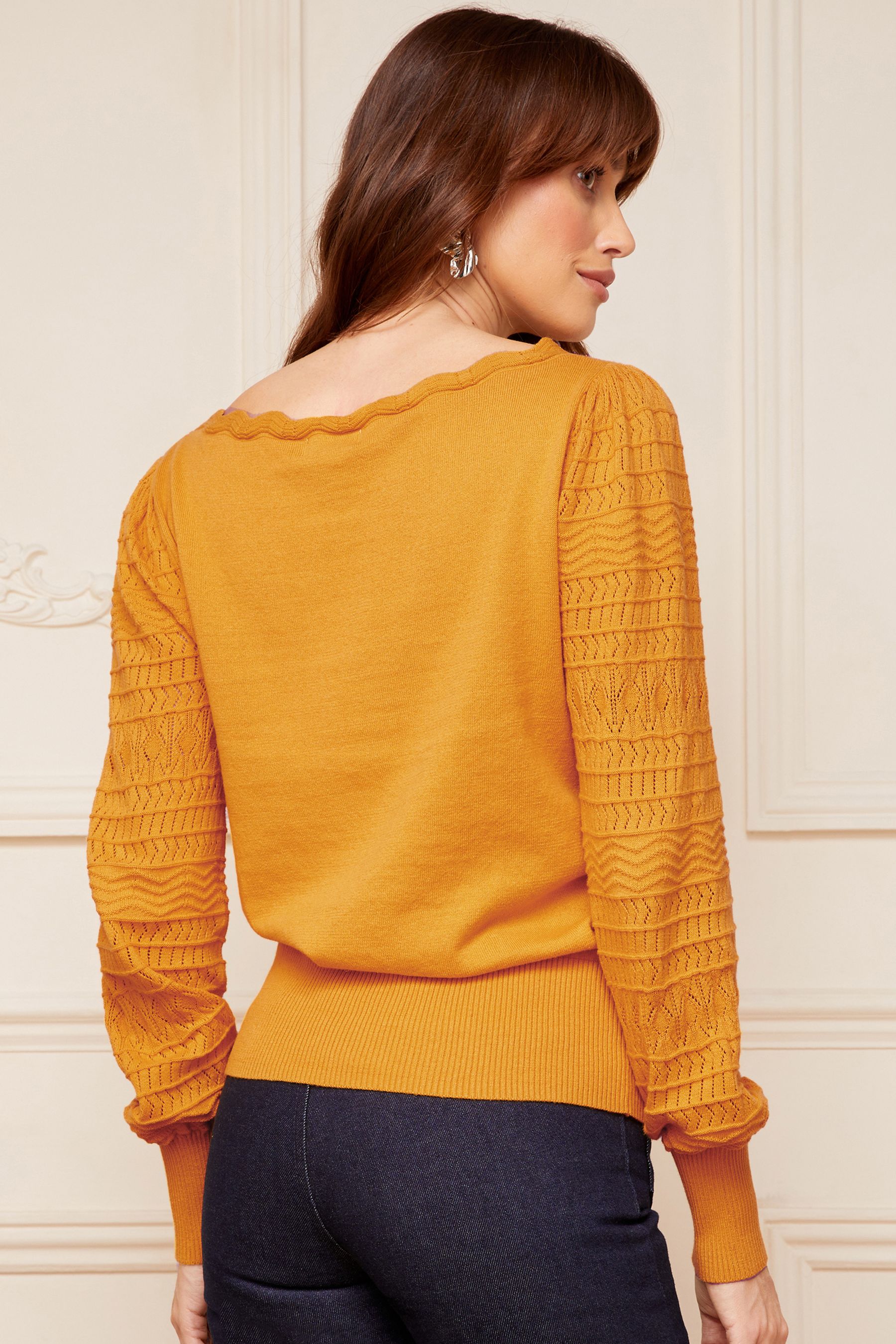 Buy Love Roses Ochre Yellow Pointelle Knit Scallop Neck Jumper from Next Poland