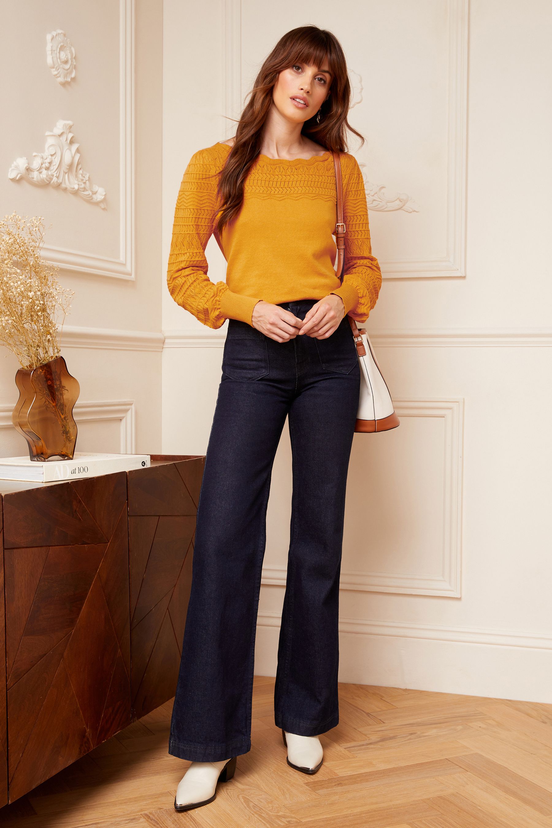 Buy Love Roses Ochre Yellow Pointelle Knit Scallop Neck Jumper from Next Austria