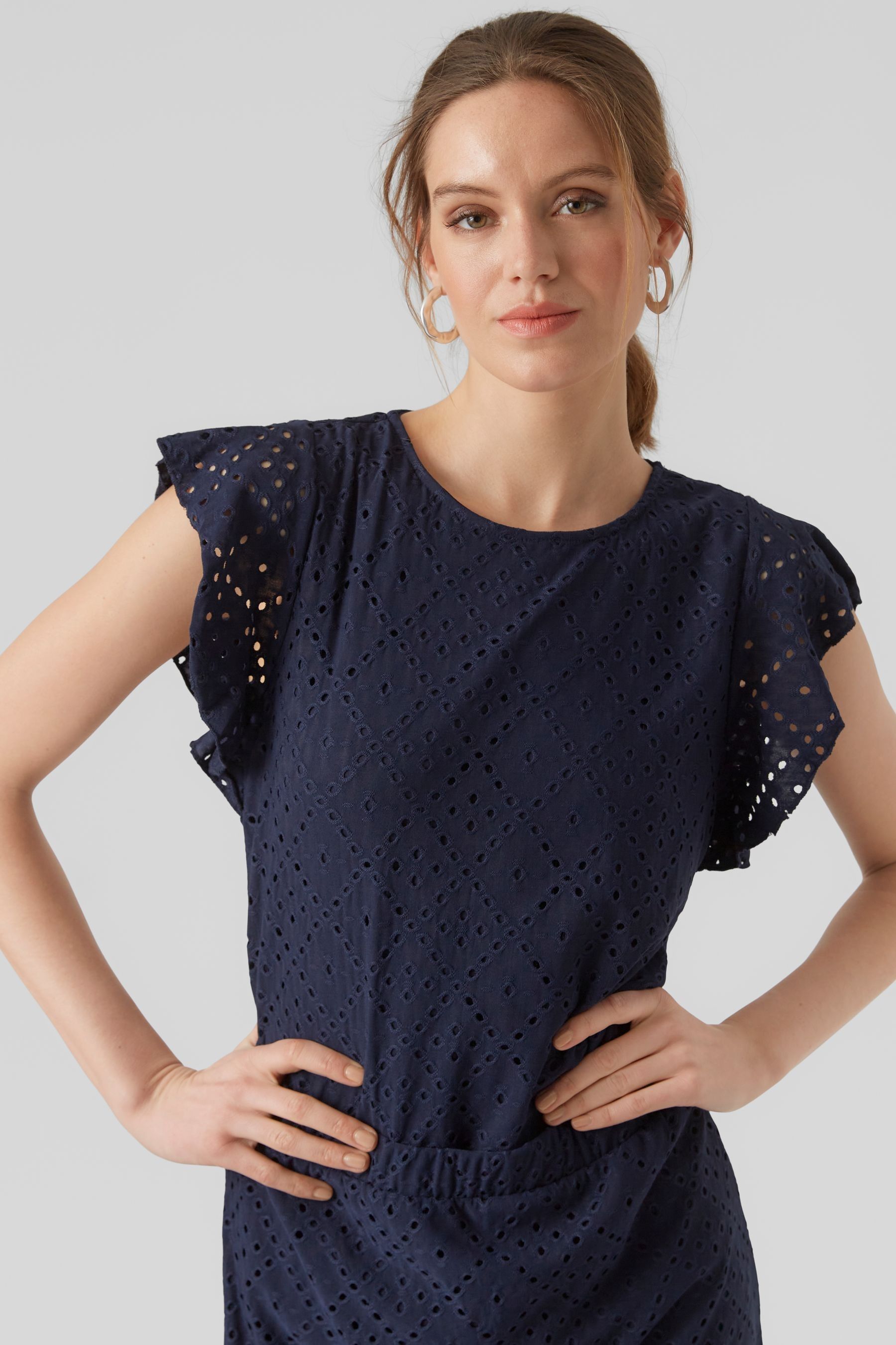 Buy VERO MODA Navy Broderie Frill Sleeve T Shirt from Next Luxembourg