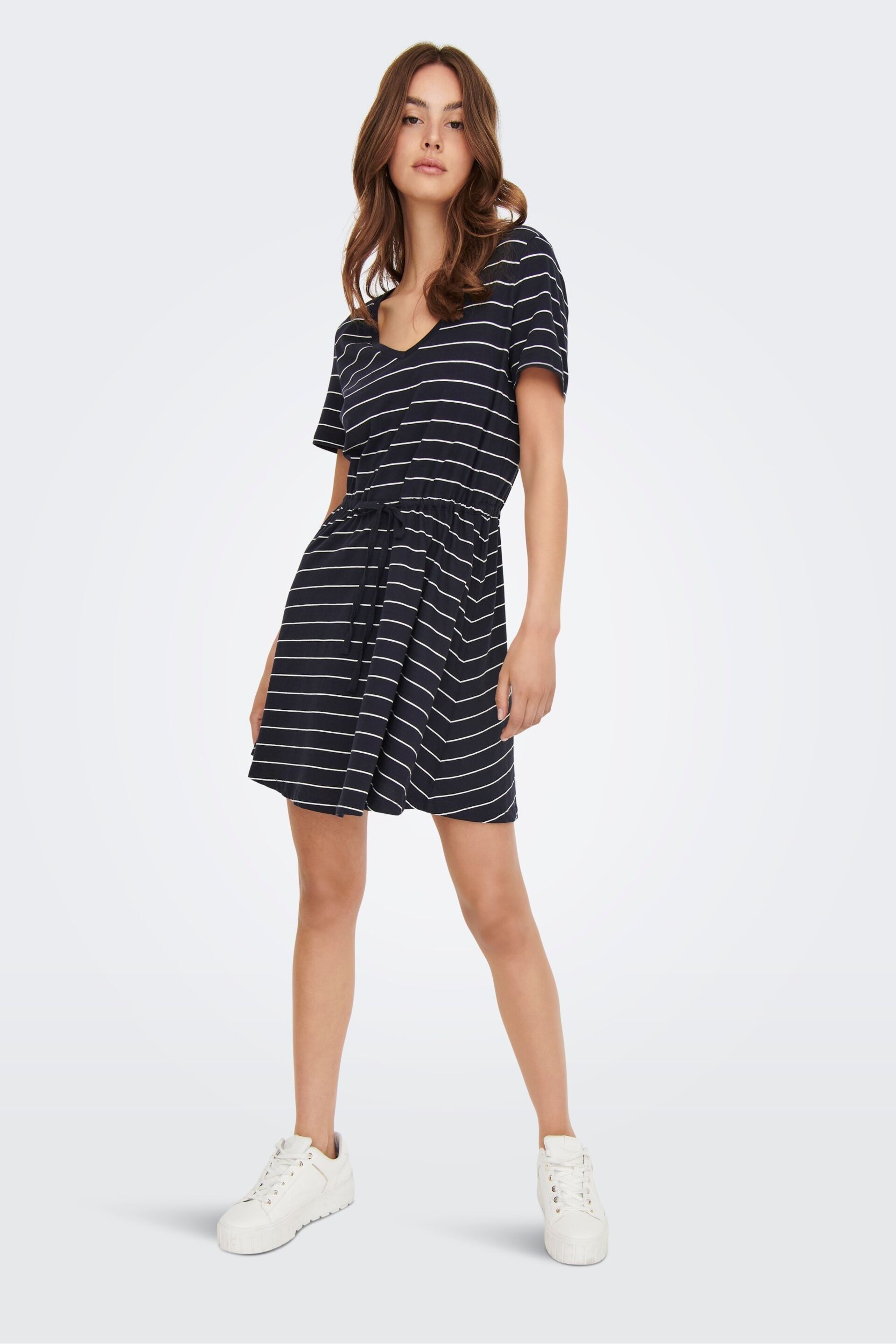ONLY Curve Navy Blue & White Stripes V Neck Jersey T-Shirt Dress - Image 3 of 4