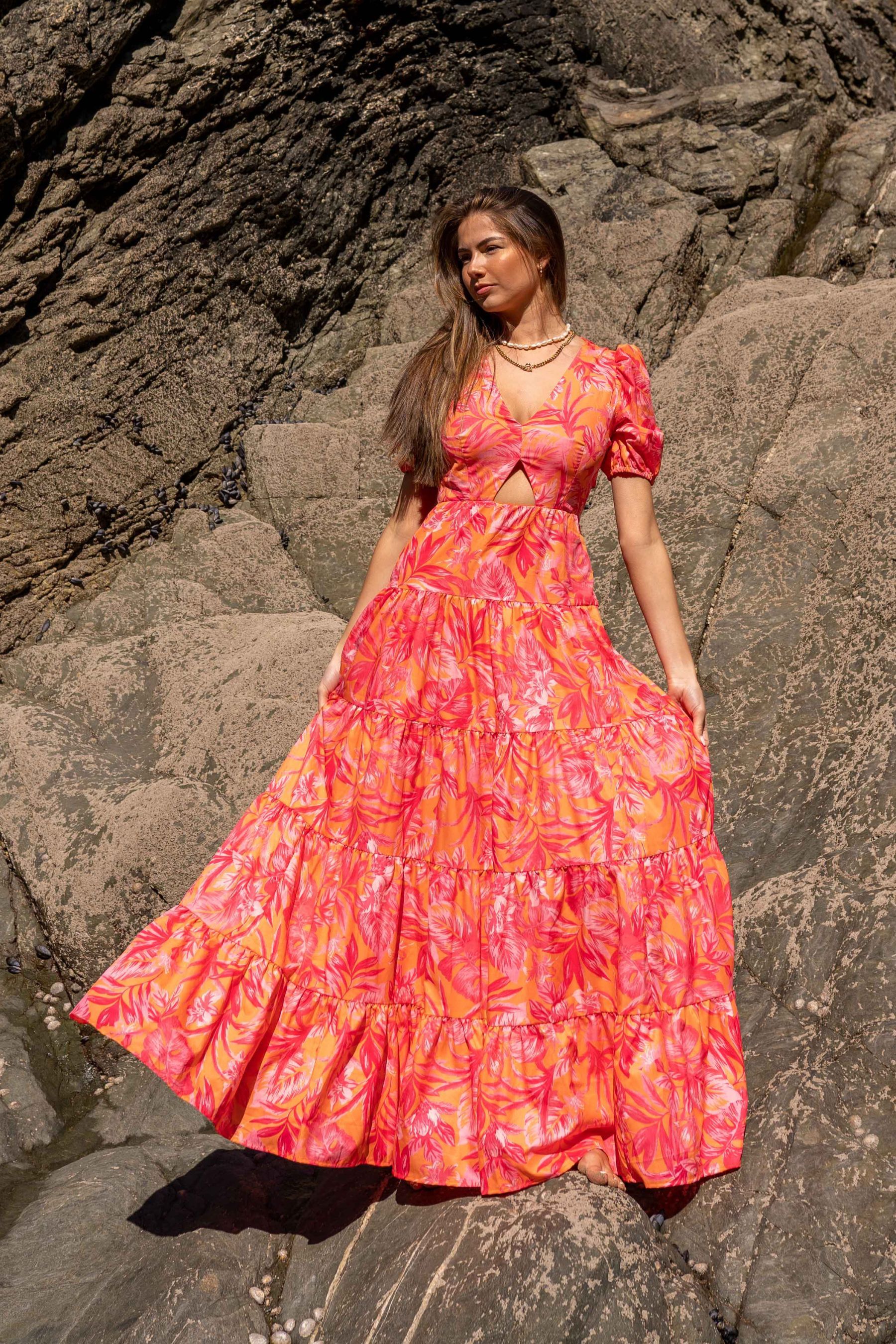 Buy Style Cheat Pink Orange Floral Zoe Puff Sleeve Tiered Maxi Dress from Next Luxembourg