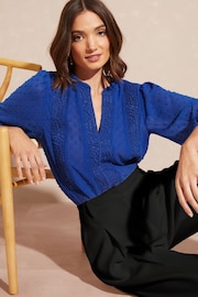 Love & Roses Cobalt Blue Ruffle Neck Lace Trim Tie Cuff 3/4 Sleeve Dobby Spot Blouse - Image 2 of 4