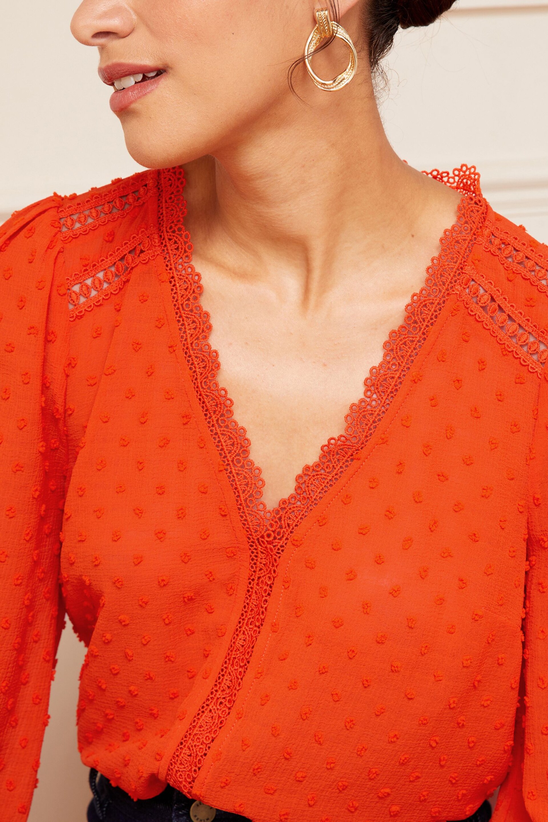 Love & Roses Orange V Neck Lace Long Sleeve Lace Trim Dobby Spot Blouse - Image 2 of 4