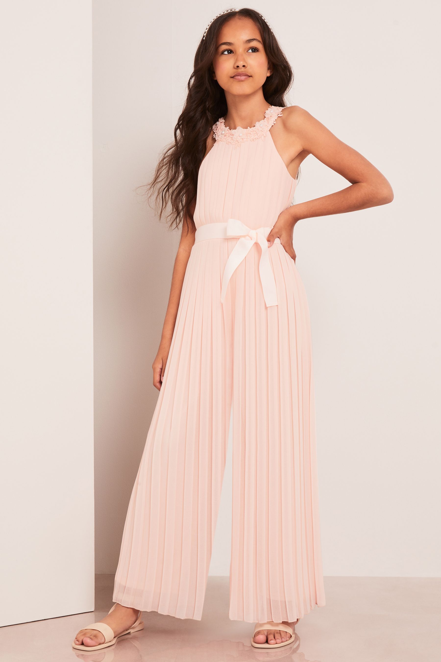 Buy Lipsy Light Pink Pleated Chiffon Occasion Jumpsuit from Next Luxembourg