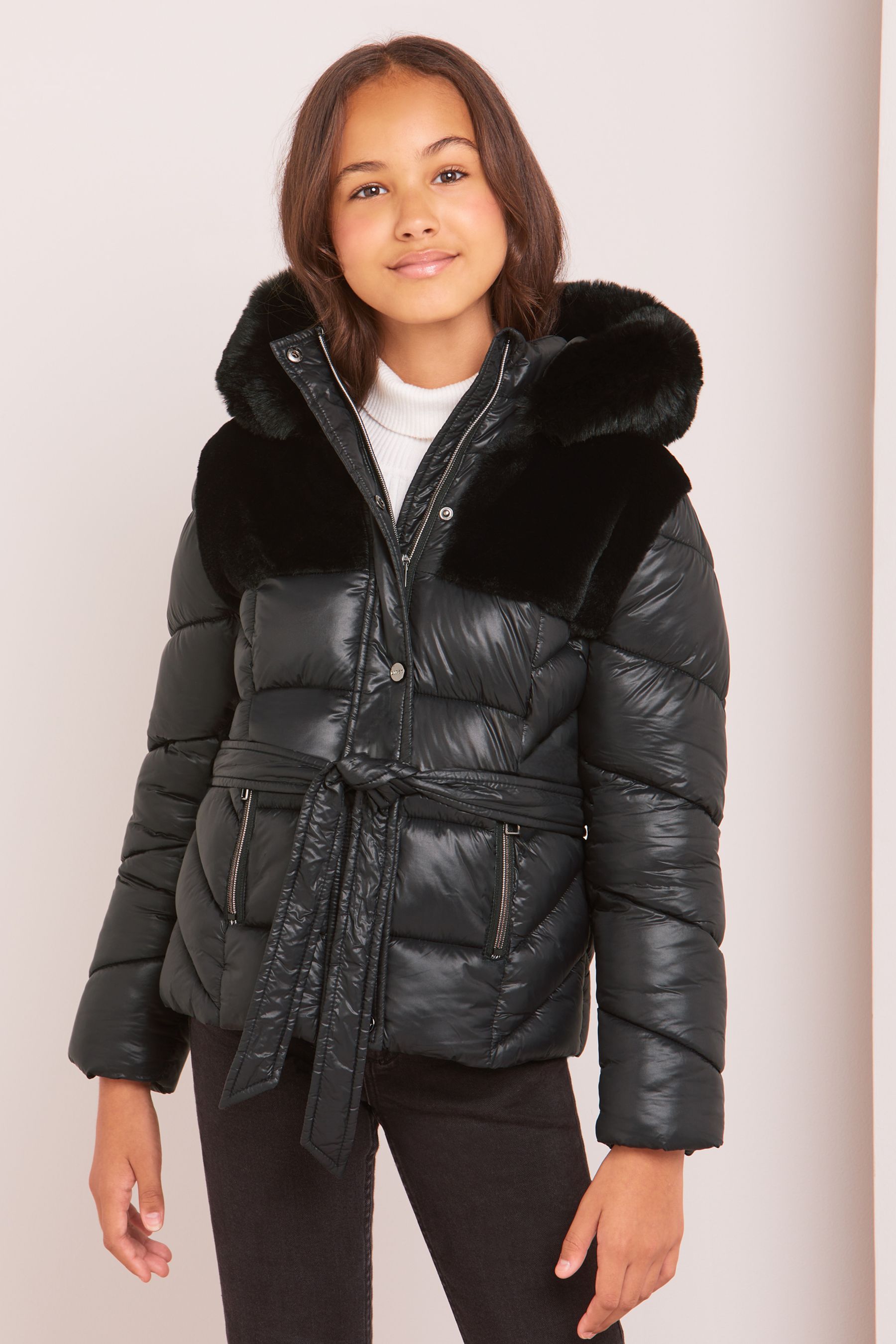 Buy Lipsy Black Faux Fur Hybrid Padded Coat With Hood from Next Luxembourg