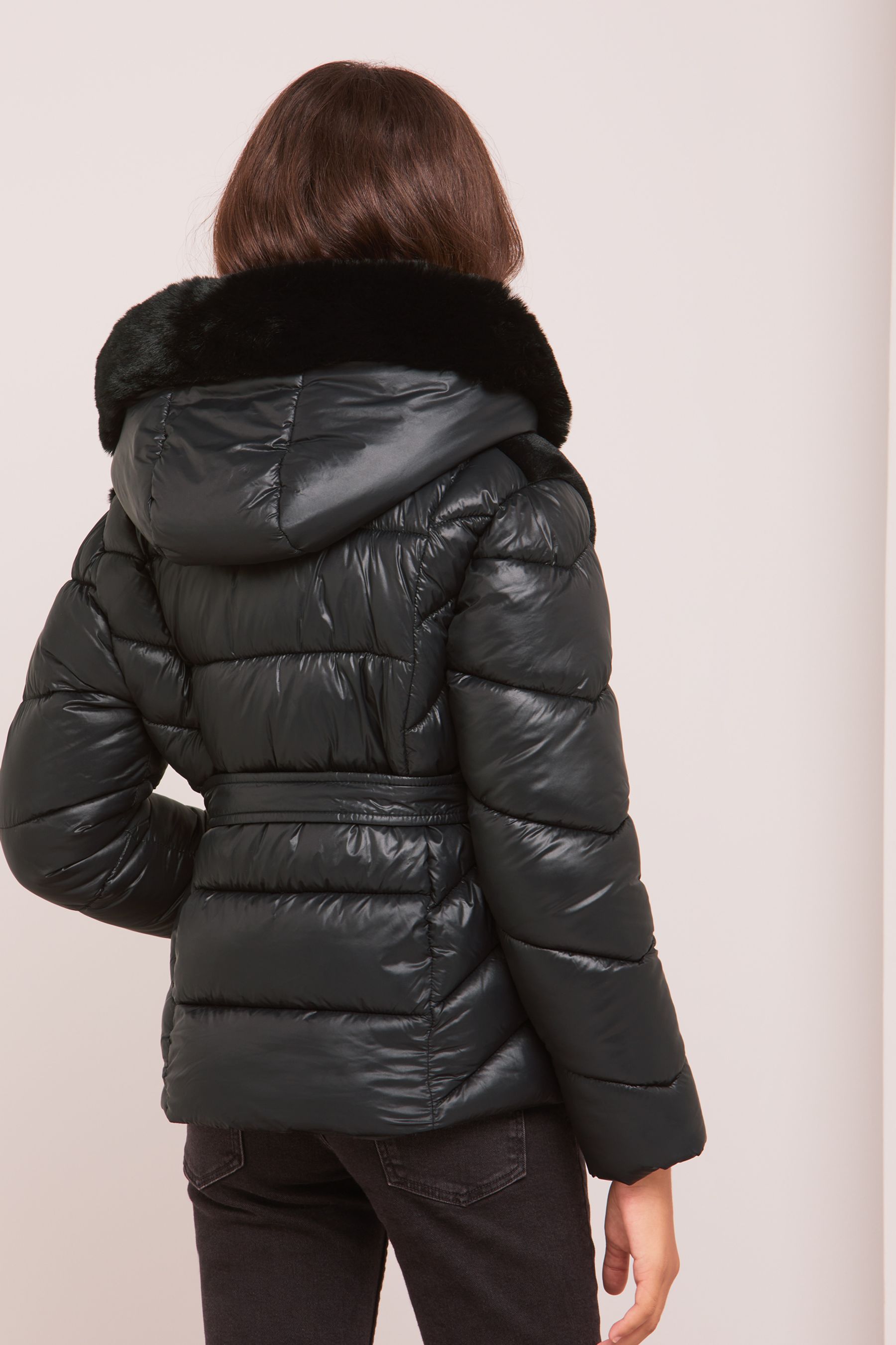 Lipsy reversible faux fur puffer jacket with hood in black cheap