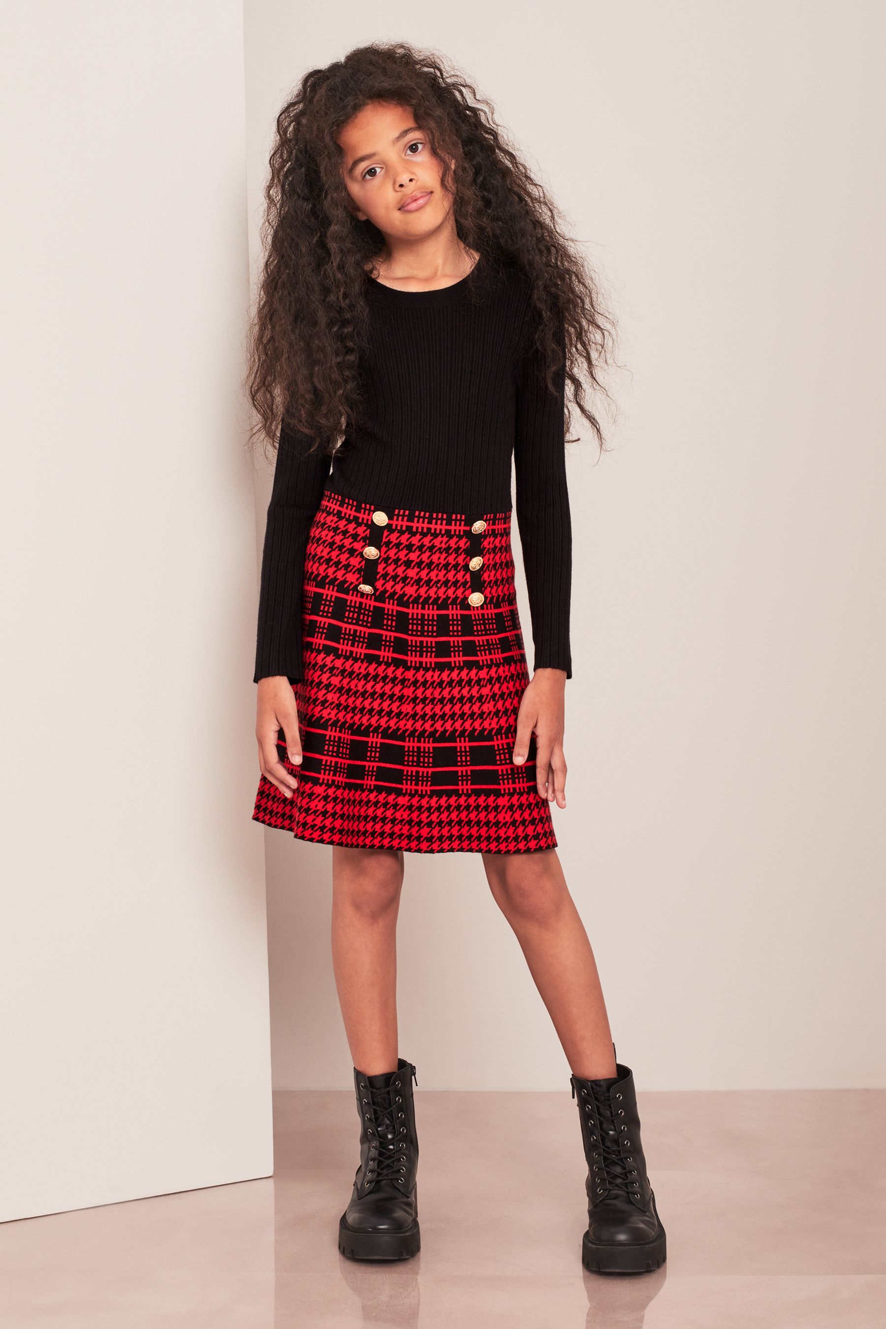Buy Lipsy Red Check 2in1 Long Sleeve Knitted Dress from Next Luxembourg