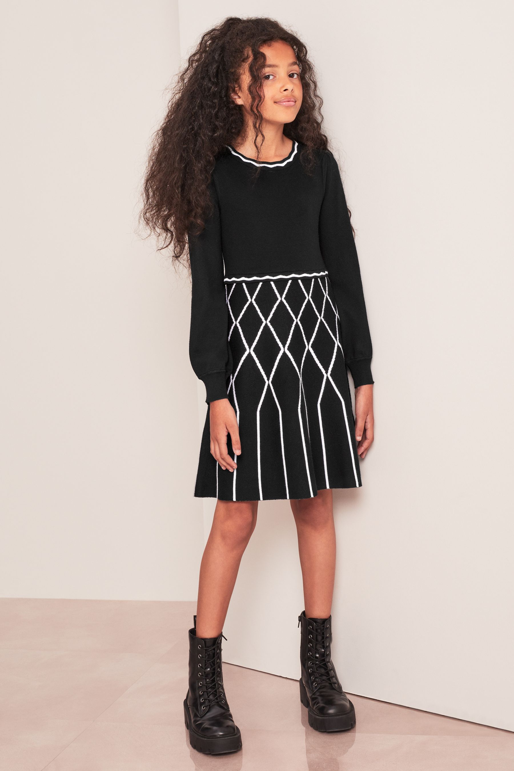 Buy Lipsy Monochrome Check 2in1 Long Sleeve Knitted Dress from Next Oman