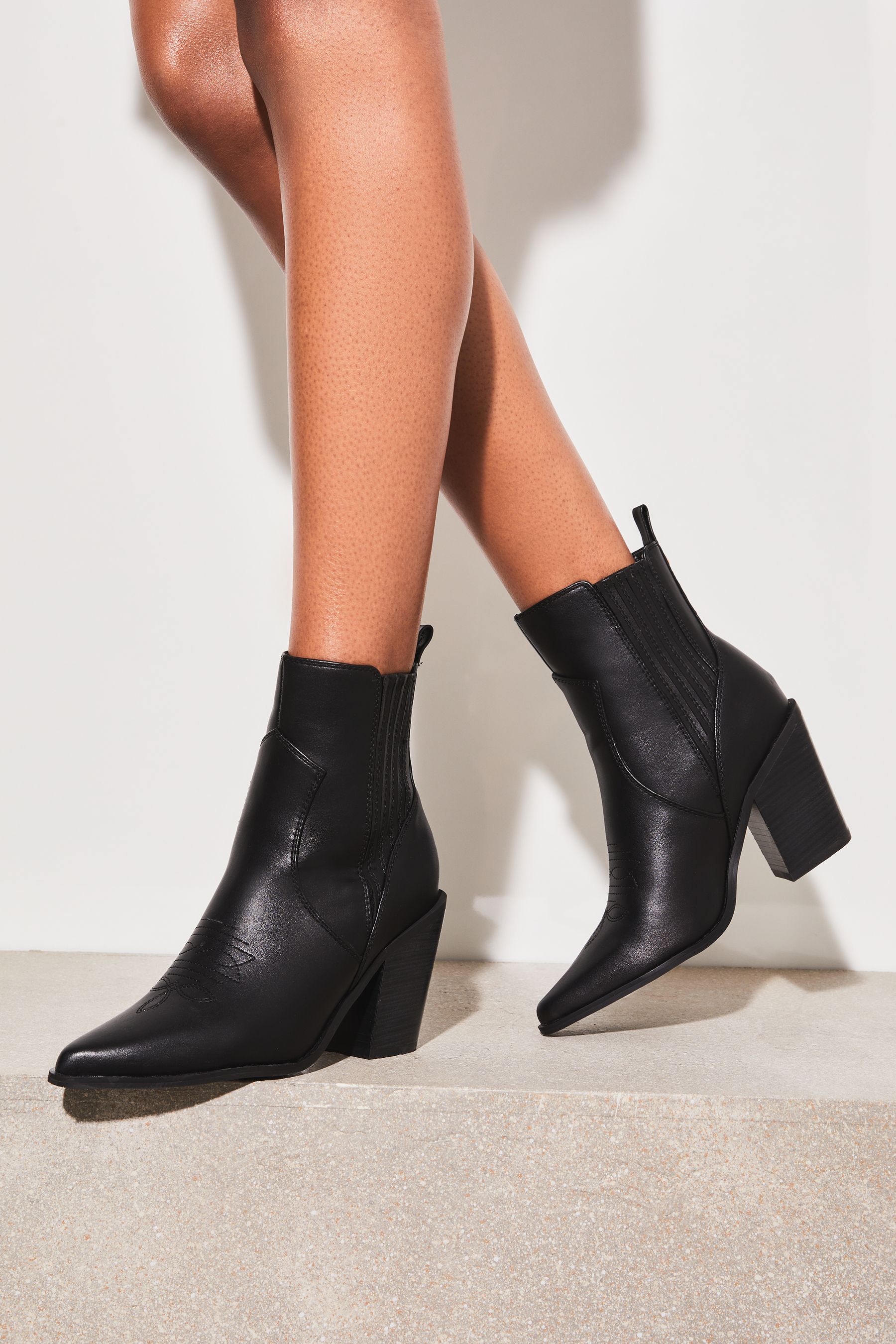 Lipsy Black Western Faux Leather Mid Heeled Ankle Boot
