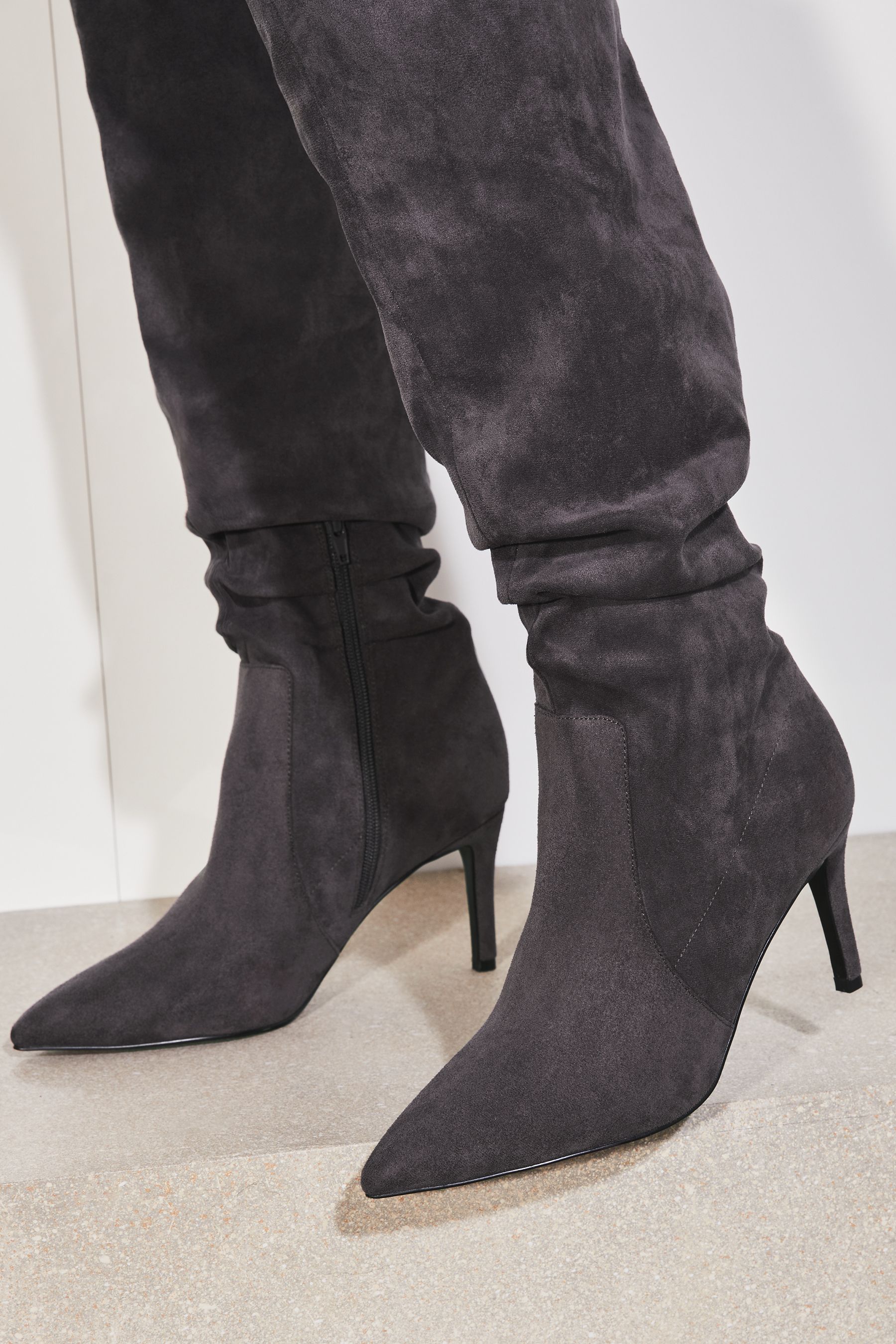 Buy Lipsy Grey suedette Regular Fit Long Knee High Ruched Mid Heeled Boot from Next Luxembourg