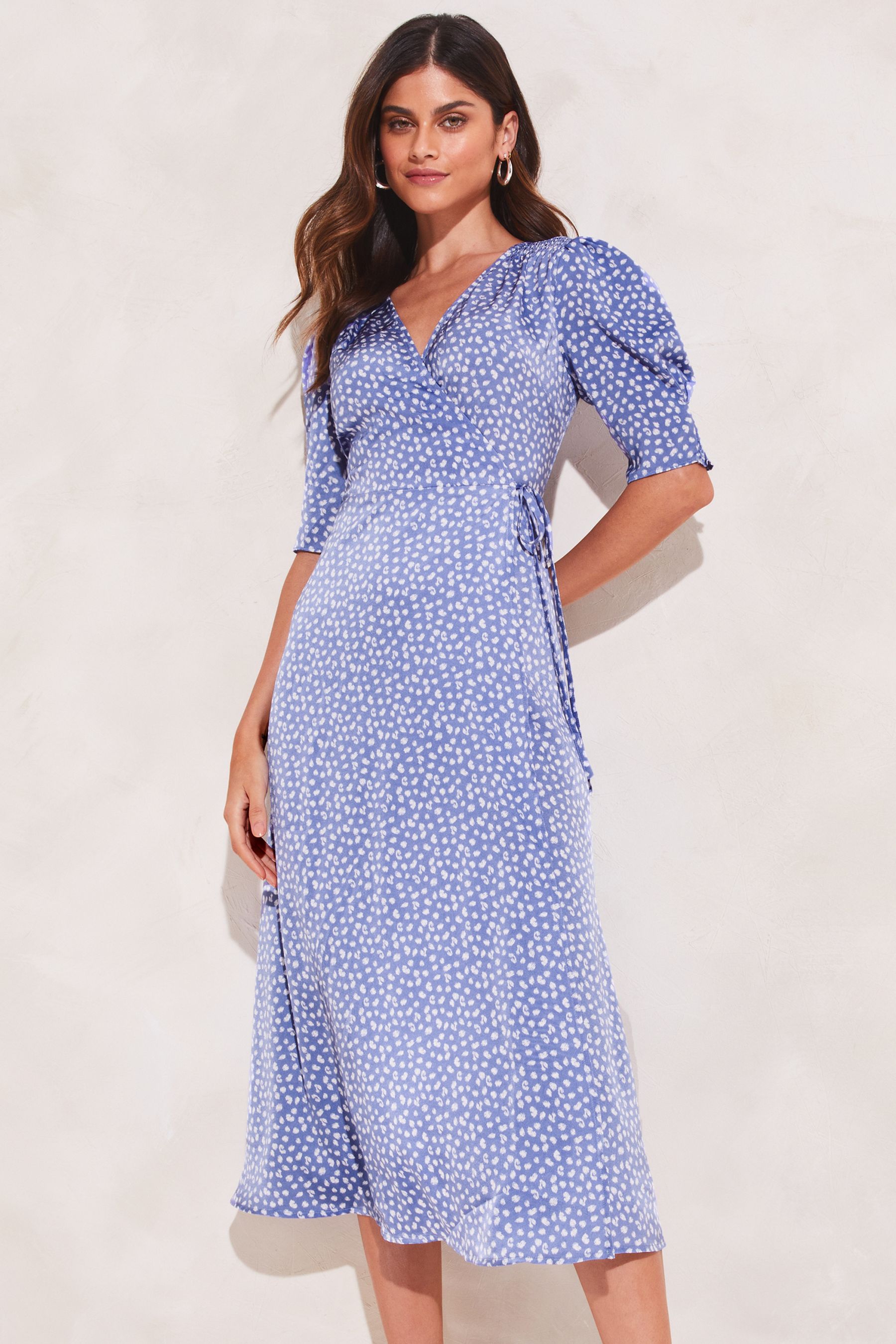 Buy Lipsy Blue Spot Puff Sleeve Wrap Midi Dress from Next Luxembourg