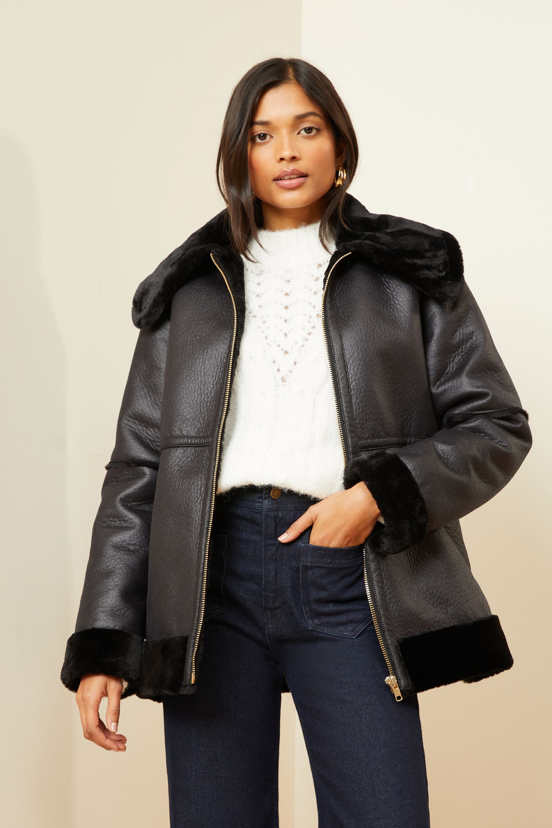 Black faux fur lined aviator jacket sale