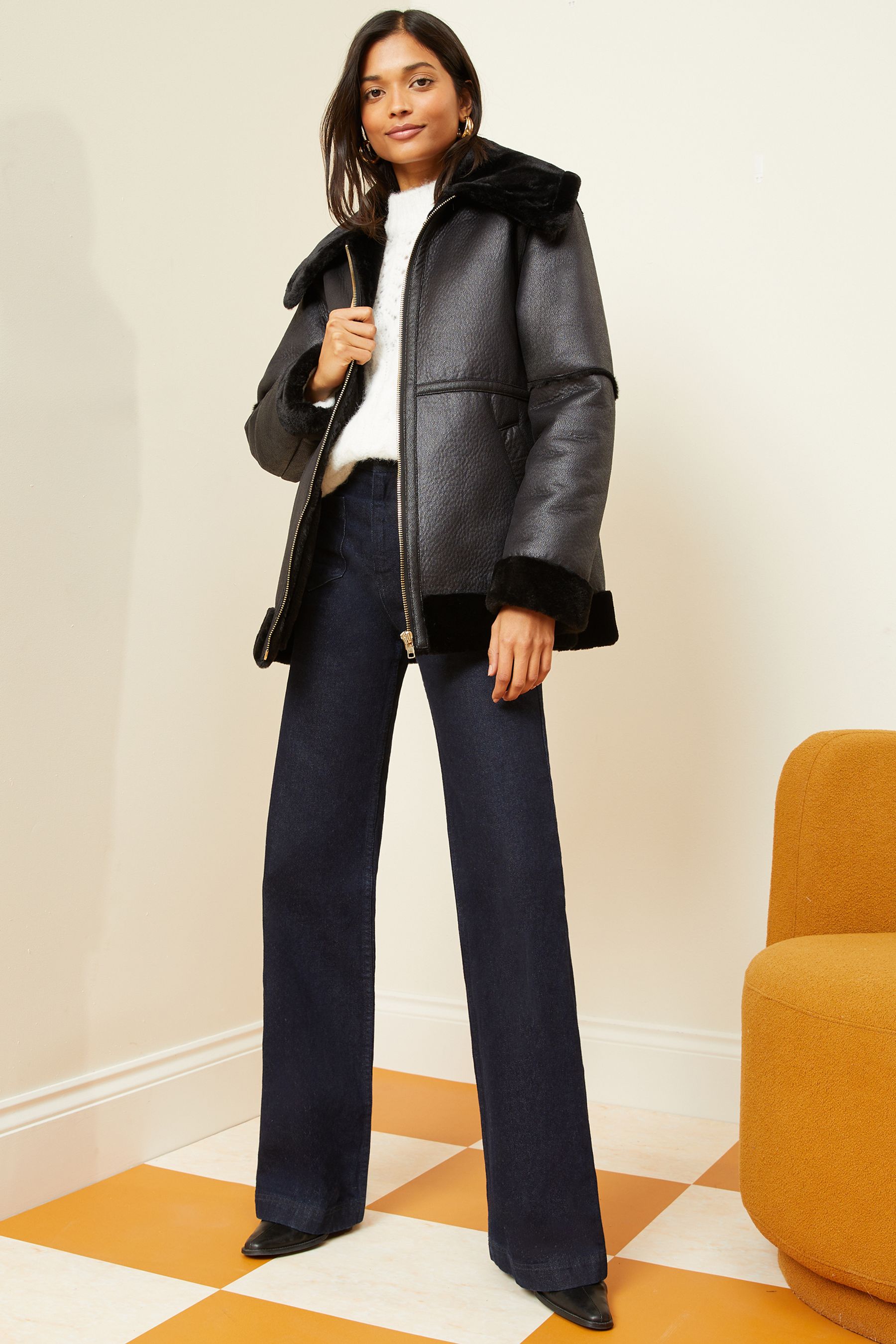 Buy Love Roses Black Faux Fur Lined Aviator Jacket from Next Luxembourg