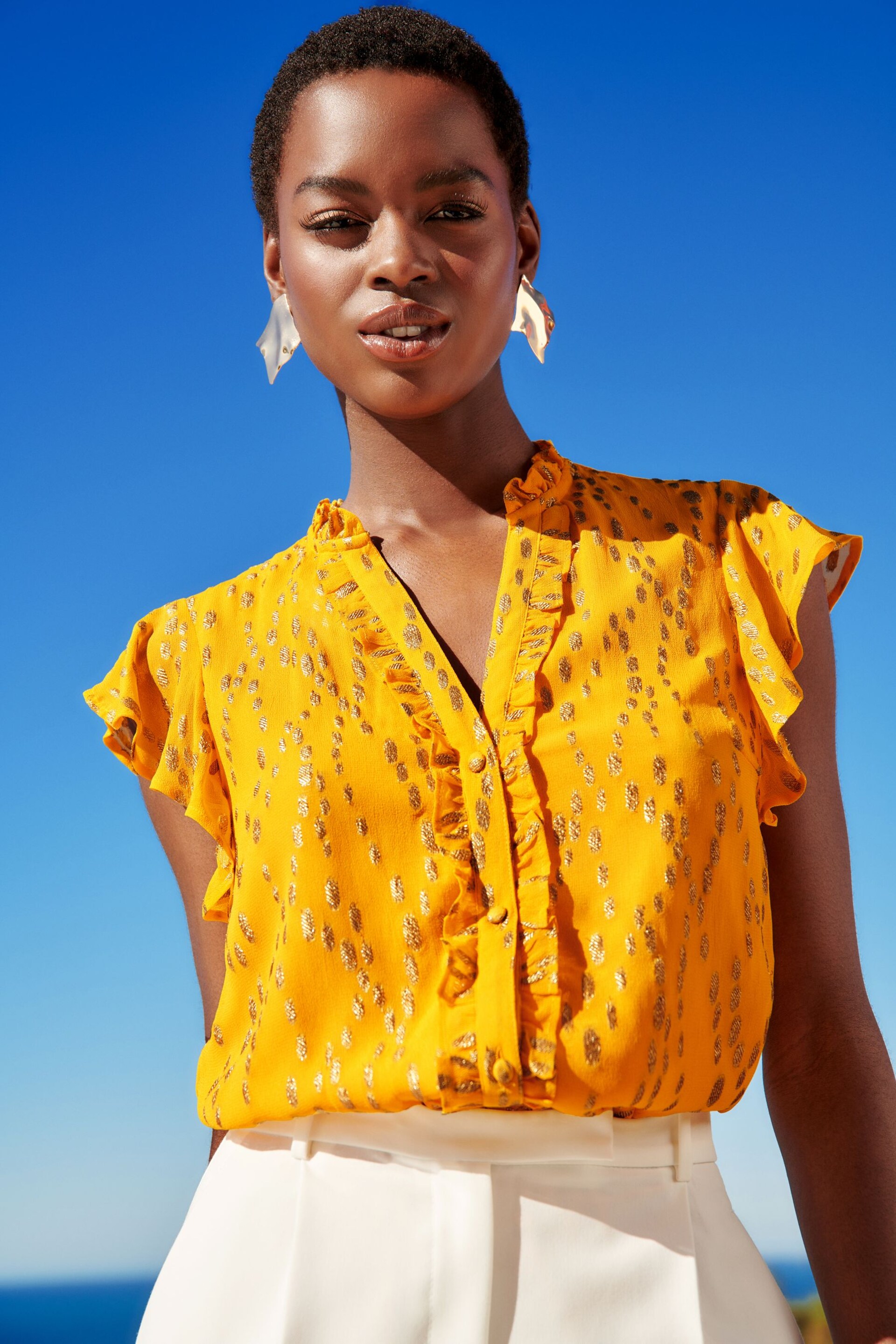 Love & Roses Yellow Metallic Ruffle Button Through V Neck Blouse - Image 1 of 4