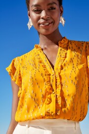 Love & Roses Yellow Metallic Ruffle Button Through V Neck Blouse - Image 2 of 4