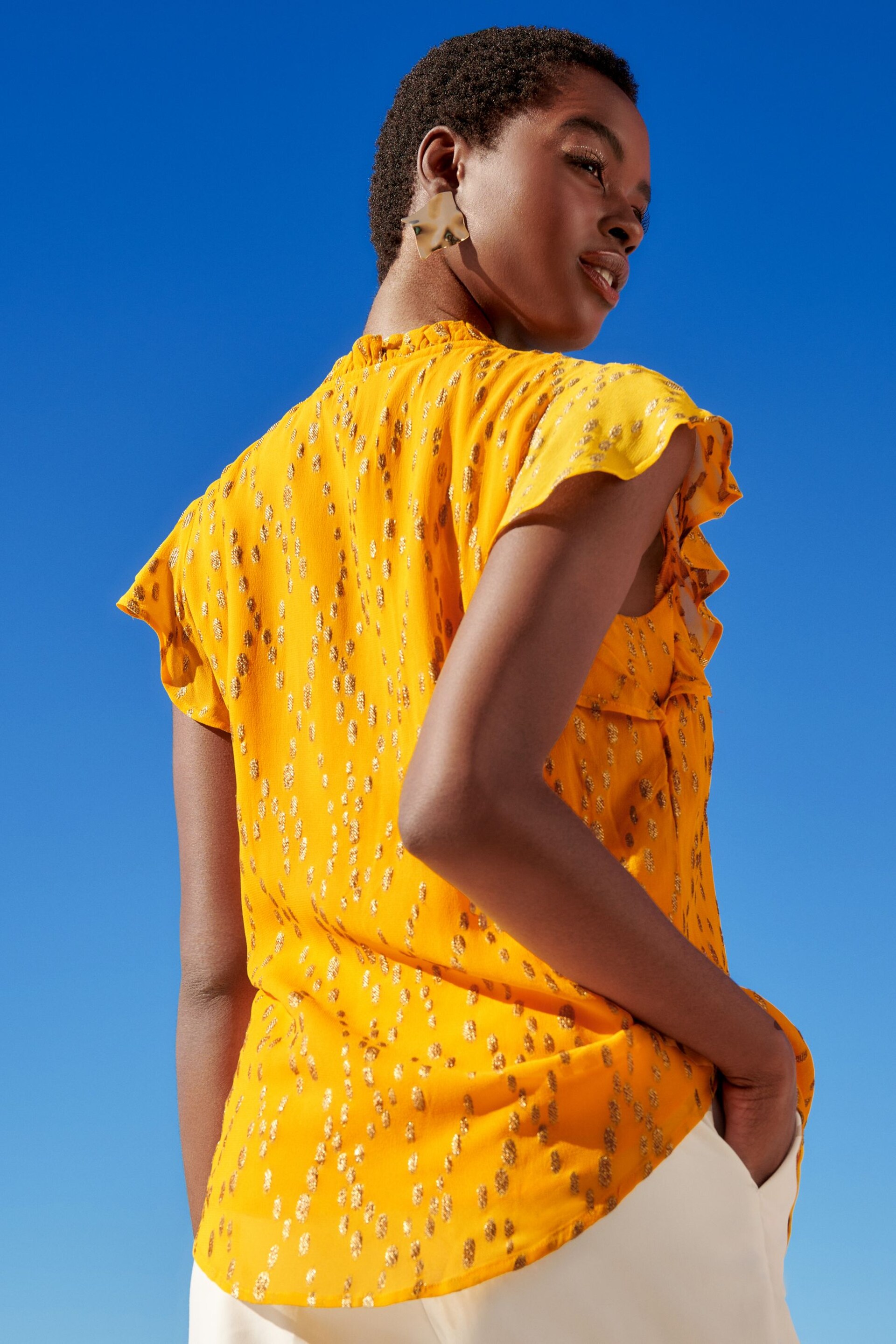 Love & Roses Yellow Metallic Ruffle Button Through V Neck Blouse - Image 3 of 4