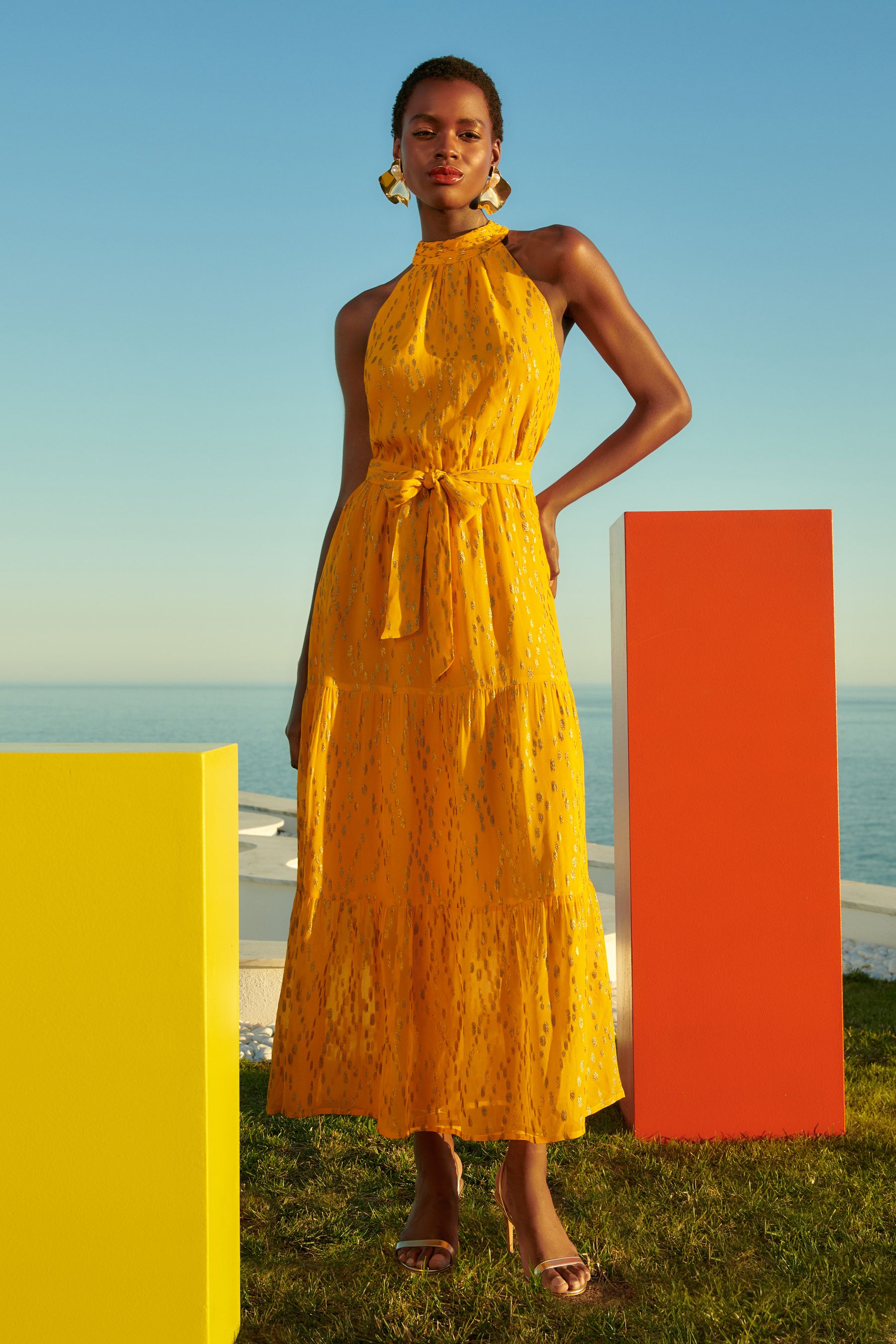 Buy Love Roses Yellow Metallic Halter Belted Midi Dress from Next Luxembourg