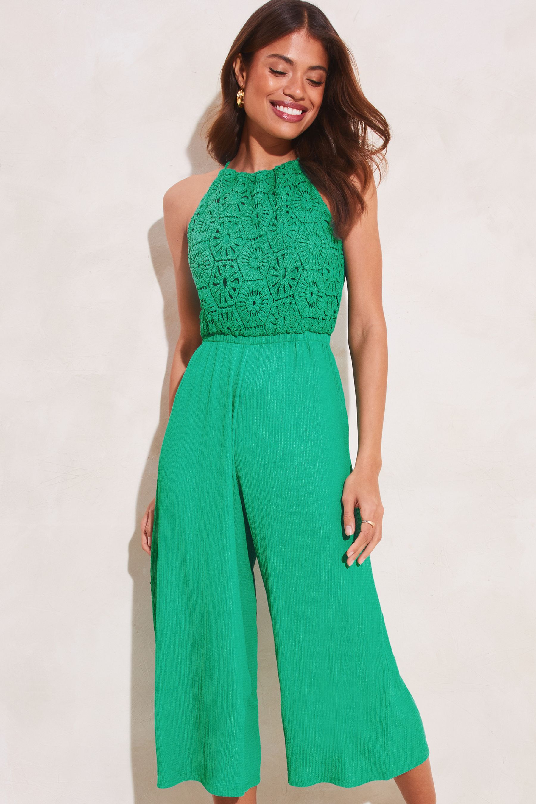 Buy Lipsy Green Petite Crochet Halter Wide Leg Jumpsuit from Next Luxembourg