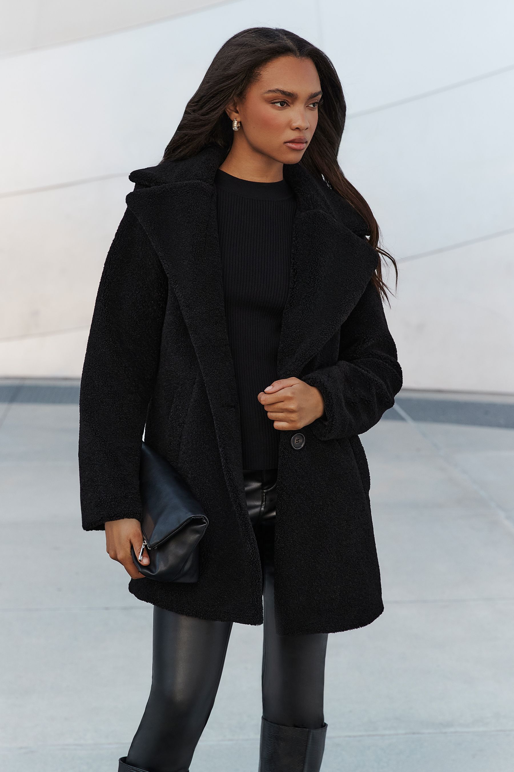 Buy Lipsy Black Oversized Collar Button Pocket Teddy Coat from Next Luxembourg