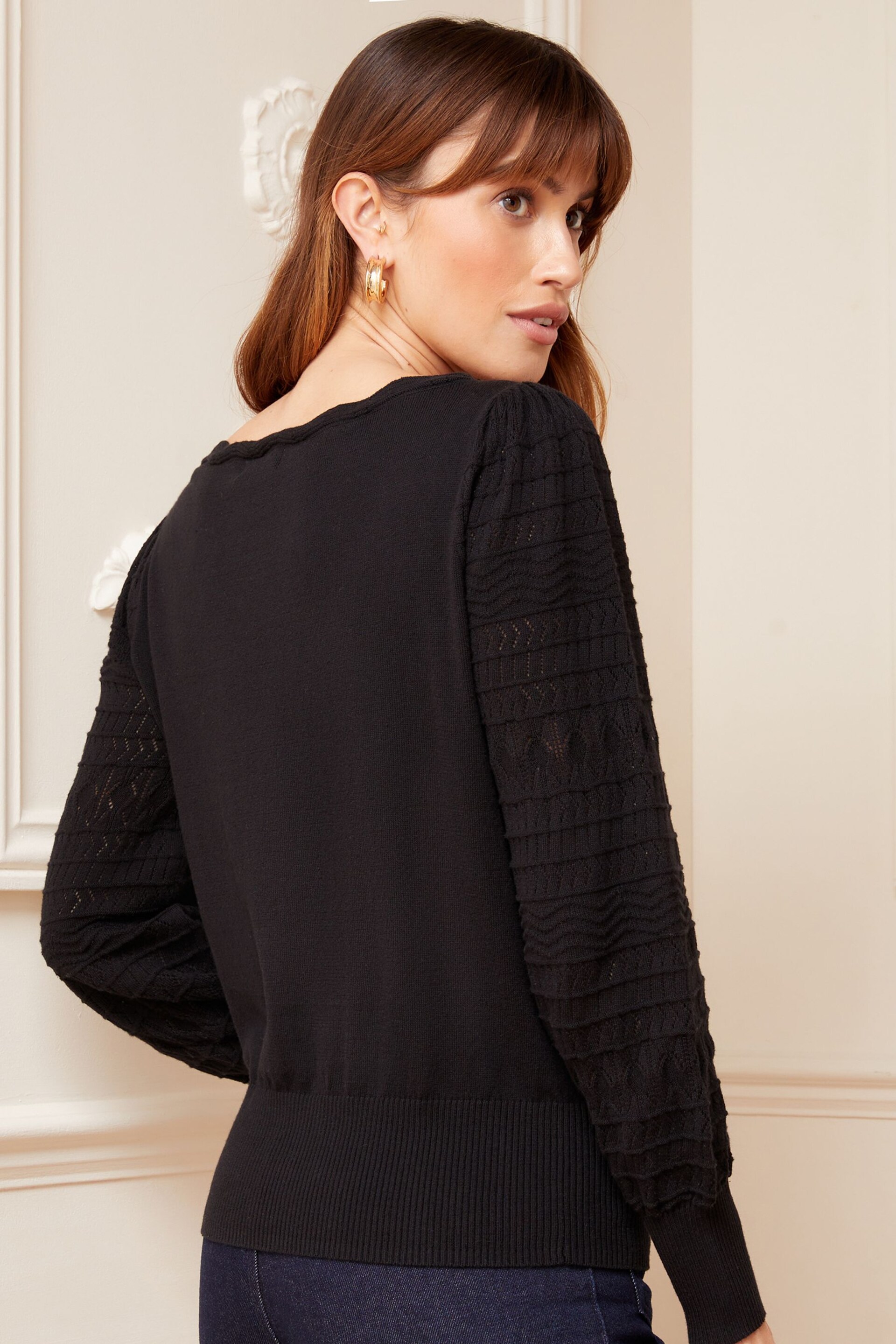 Love & Roses Black Pointelle Knit Scallop Neck Jumper - Image 3 of 4