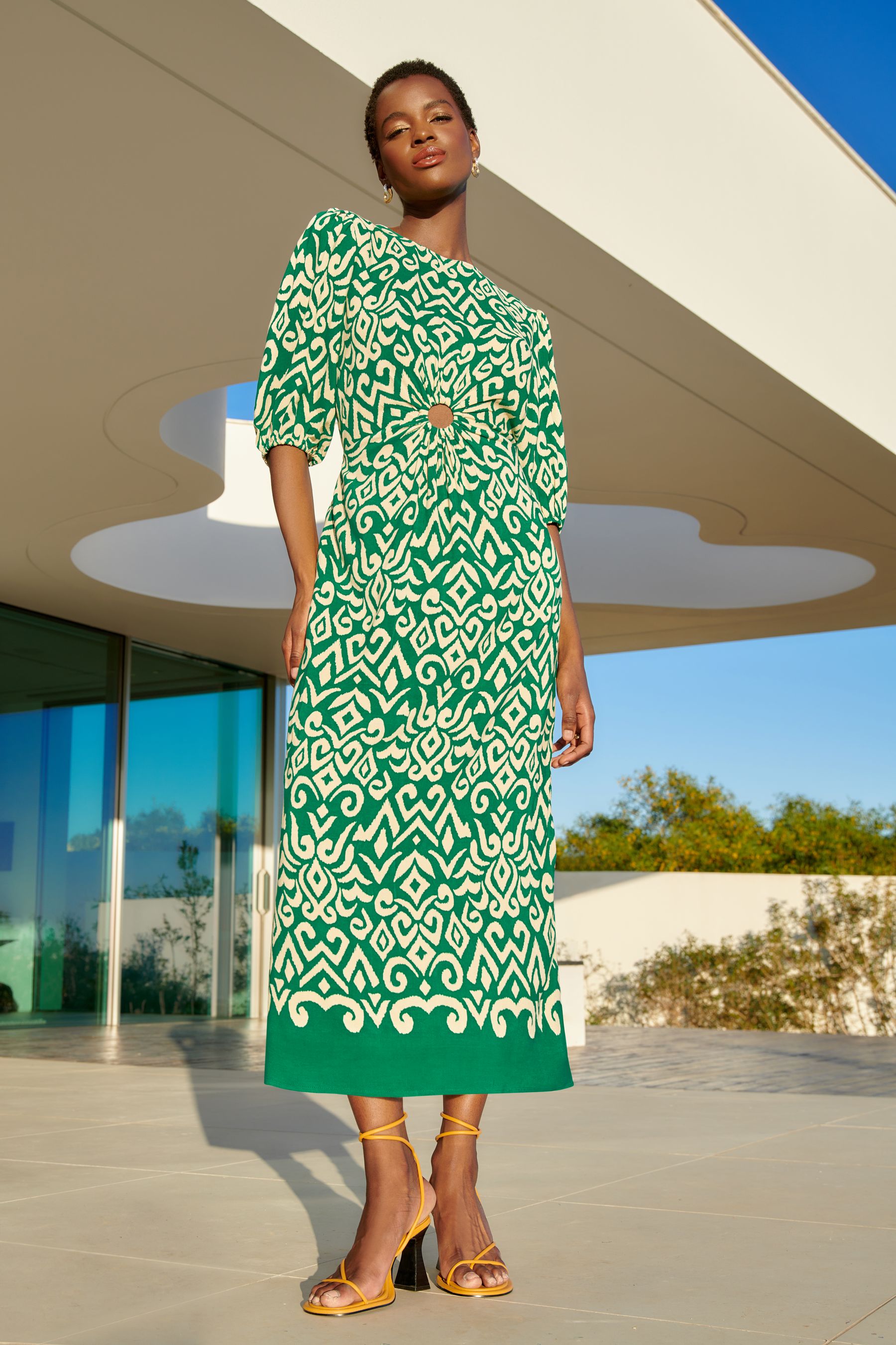 Buy Love Roses Green Printed Cut Out Ring Ruched Midi Dress from Next Luxembourg