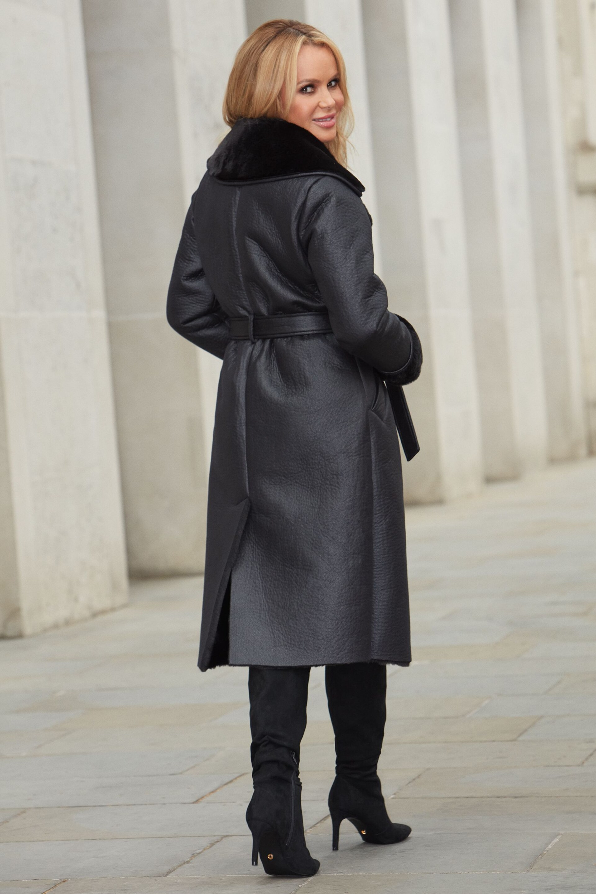 Lipsy Black Bonded Faux fur Longline Coat - Image 2 of 4