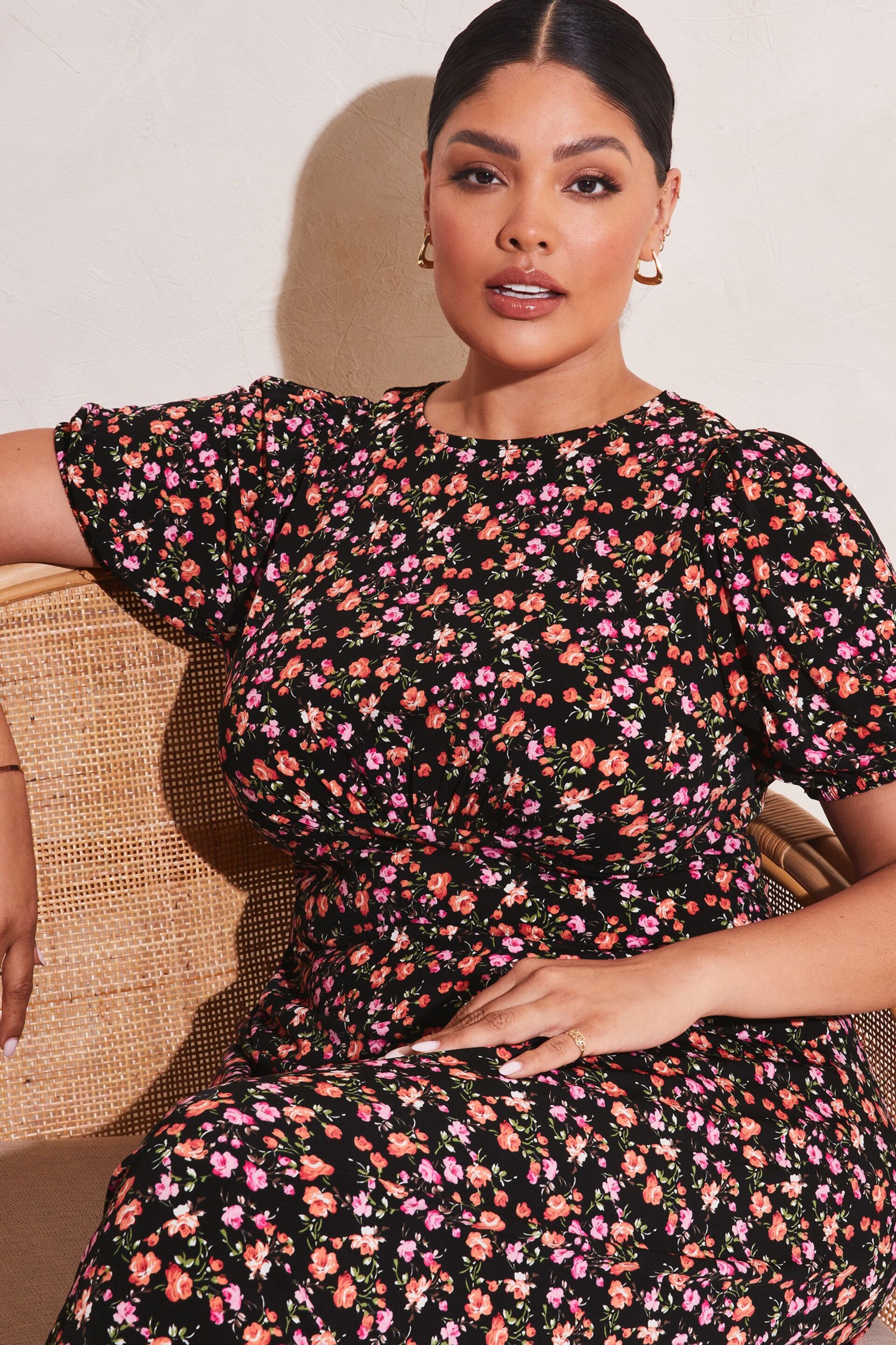 Lipsy Floral Curve Jersey Puff Short Sleeve Underbust Midi Dress - Image 4 of 4