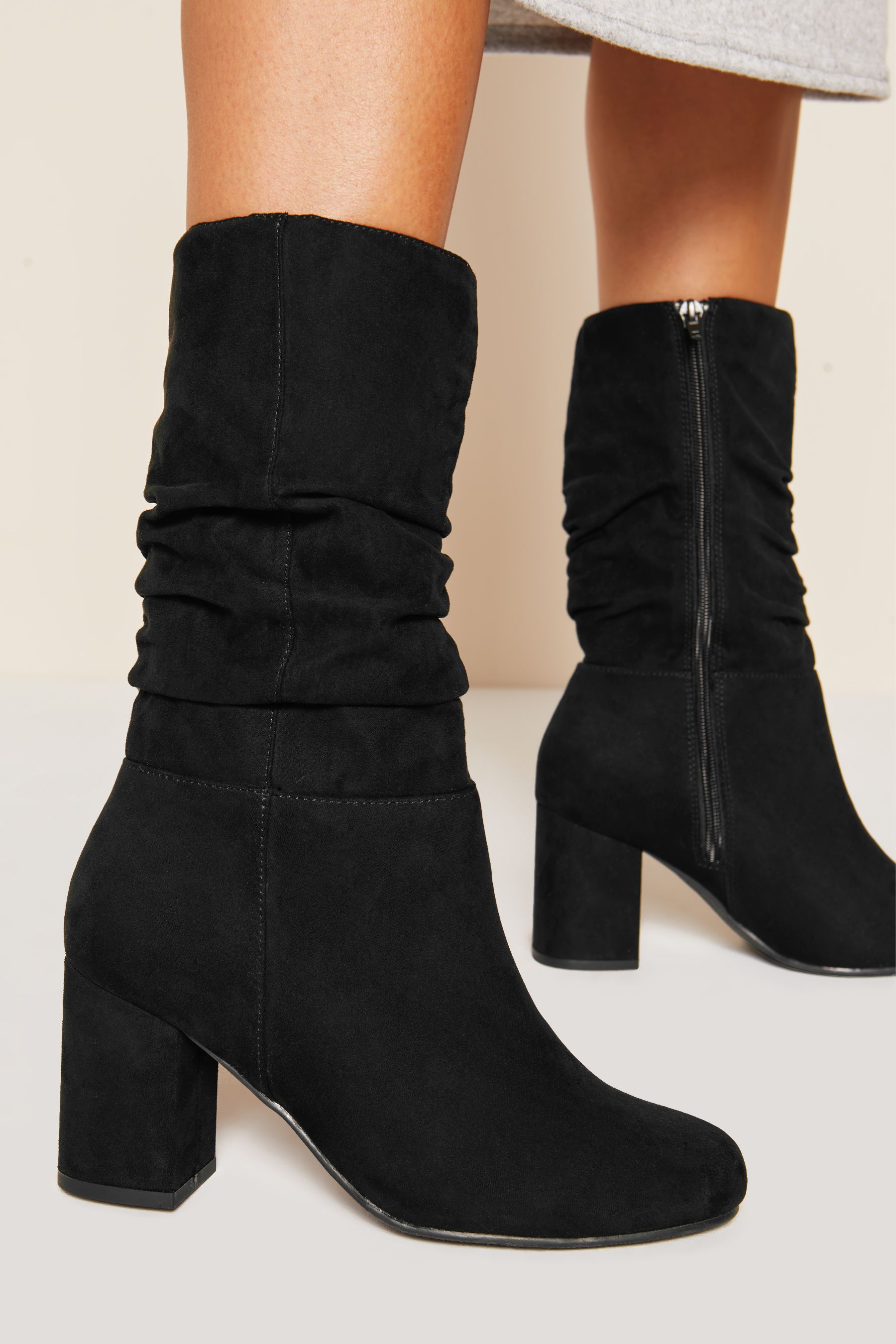 Friends Like These Black Wide Fit Block Heel Ruched Long Boots