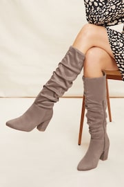 Friends Like These Neutral Regular Fit Block Mid Heeled Ruched Long Boots - Image 1 of 5