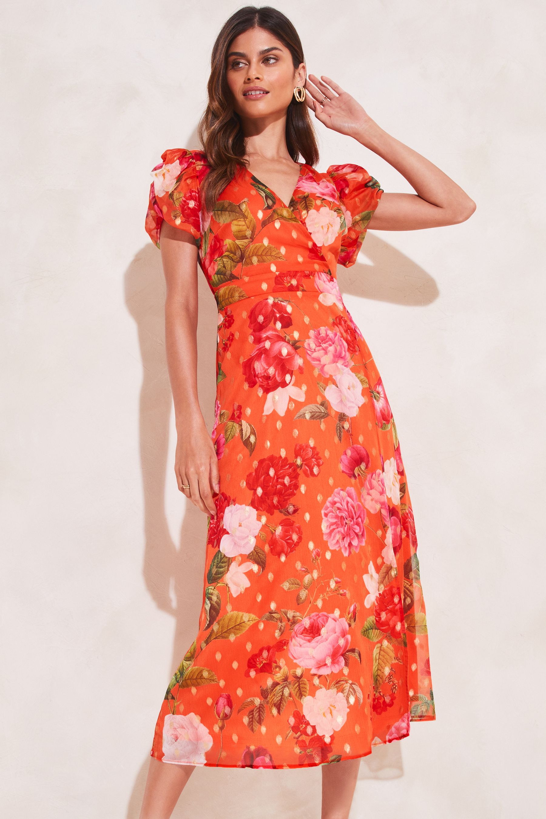 Buy Lipsy Orange Floral Metallic Short Sleeve Wrap Midi Dress from Next Luxembourg