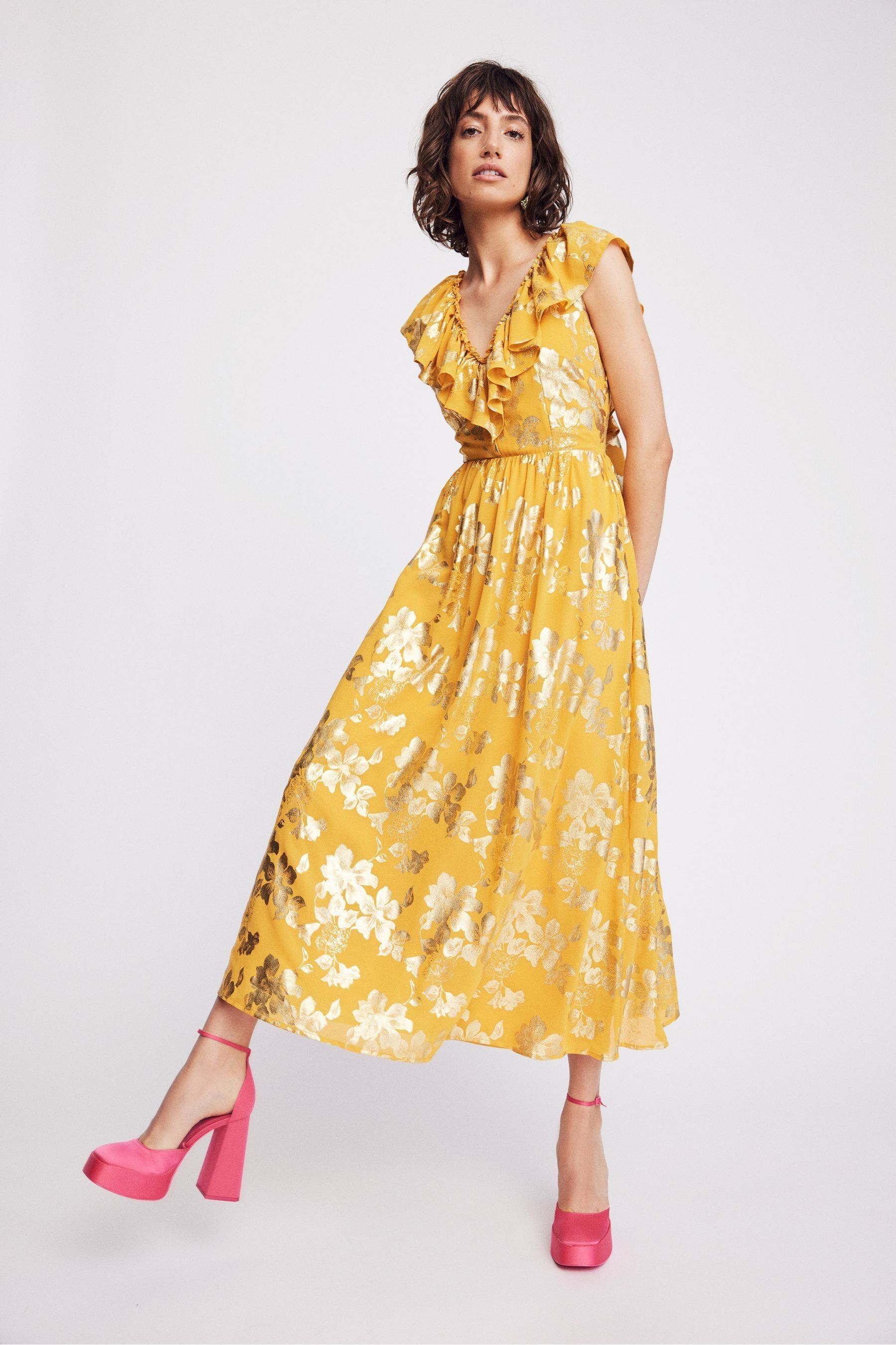 Buy VILA Yellow Floral Foil Print Ruffle Occasion Maxi Dress from Next Luxembourg