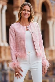 Sosandar Pink Boucle Feather Trim Jacket - Image 1 of 6