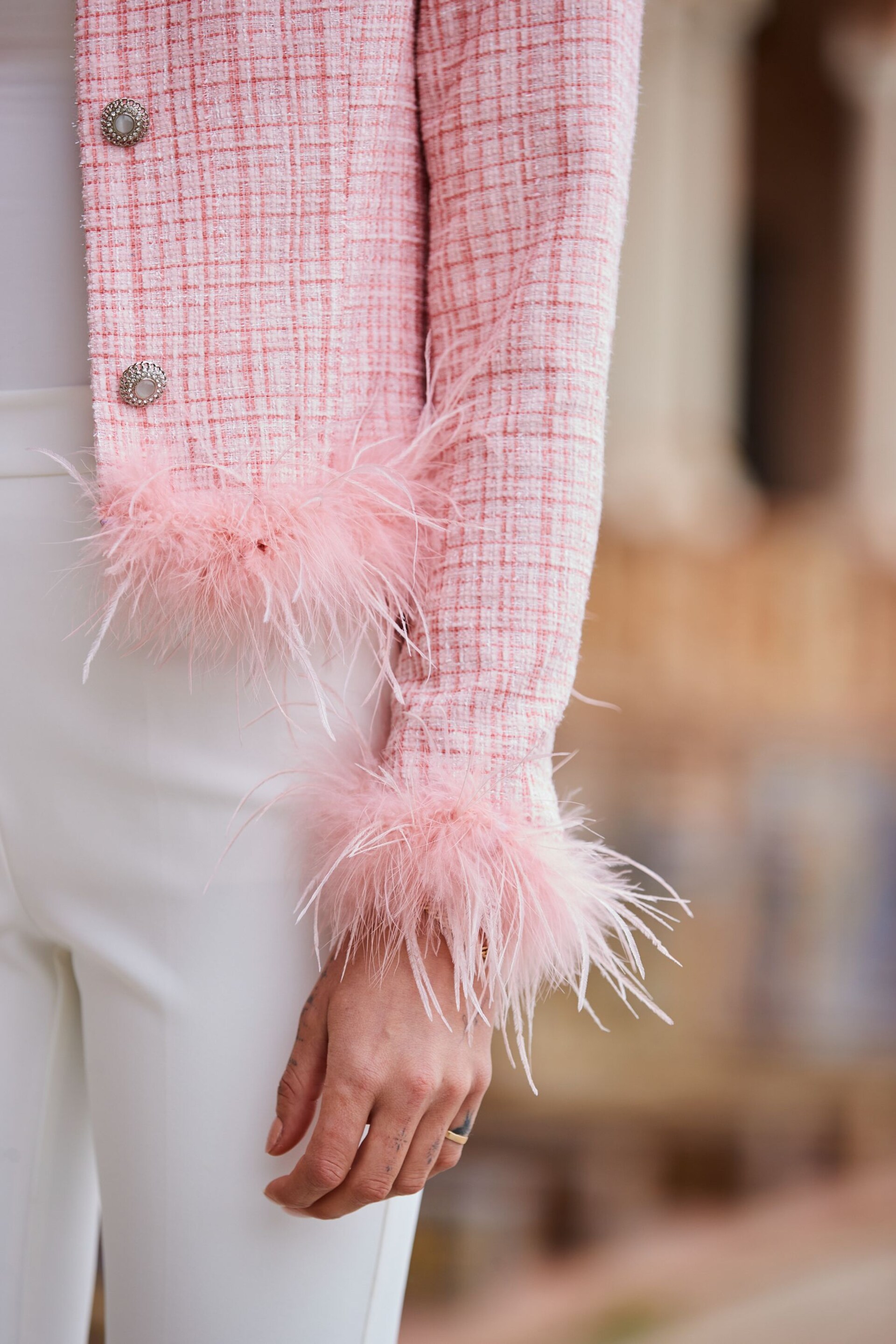 Sosandar Pink Boucle Feather Trim Jacket - Image 6 of 6