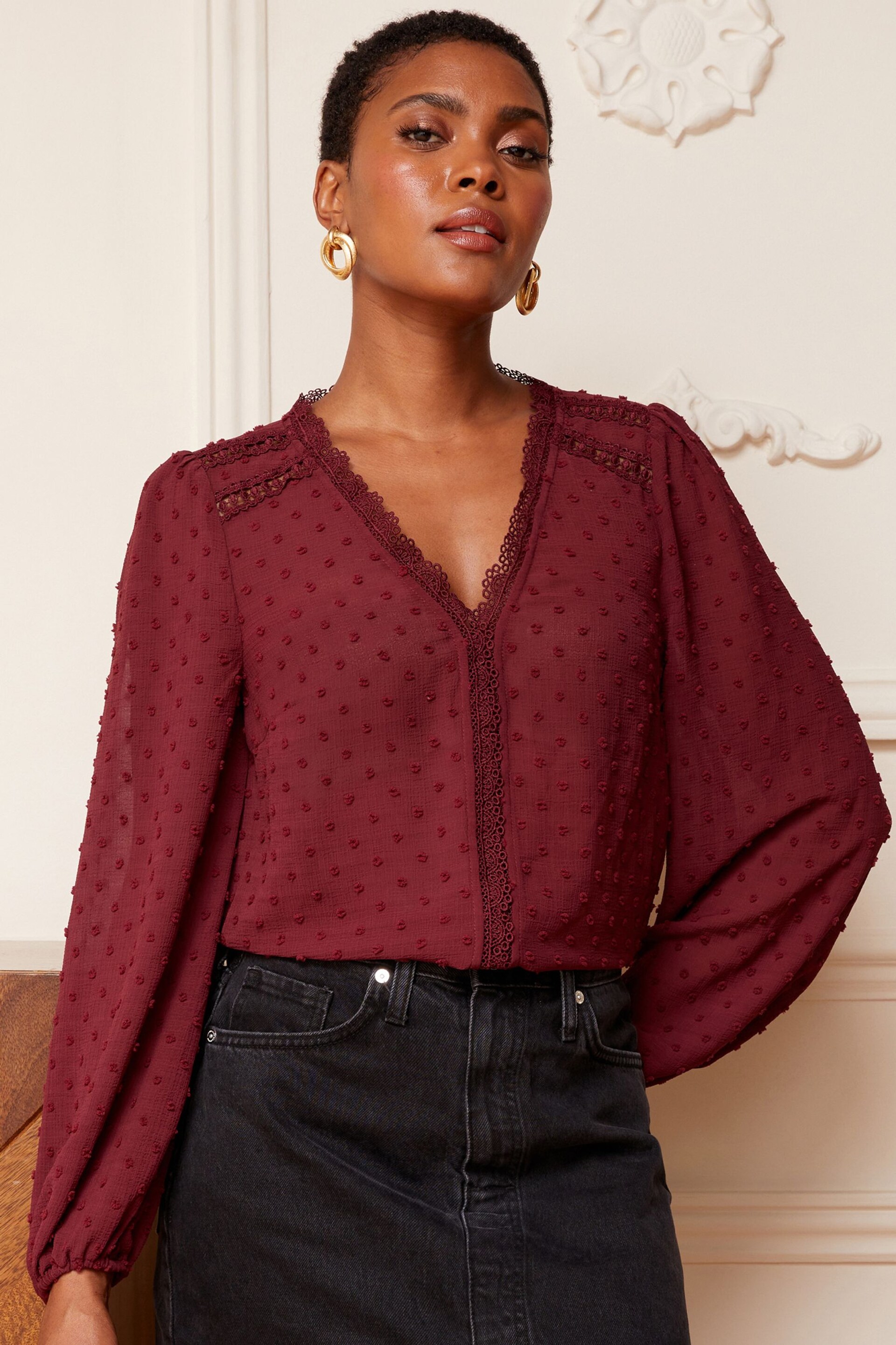 Love & Roses Red V Neck Lace Long Sleeve Lace Trim Dobby Spot Blouse - Image 1 of 4