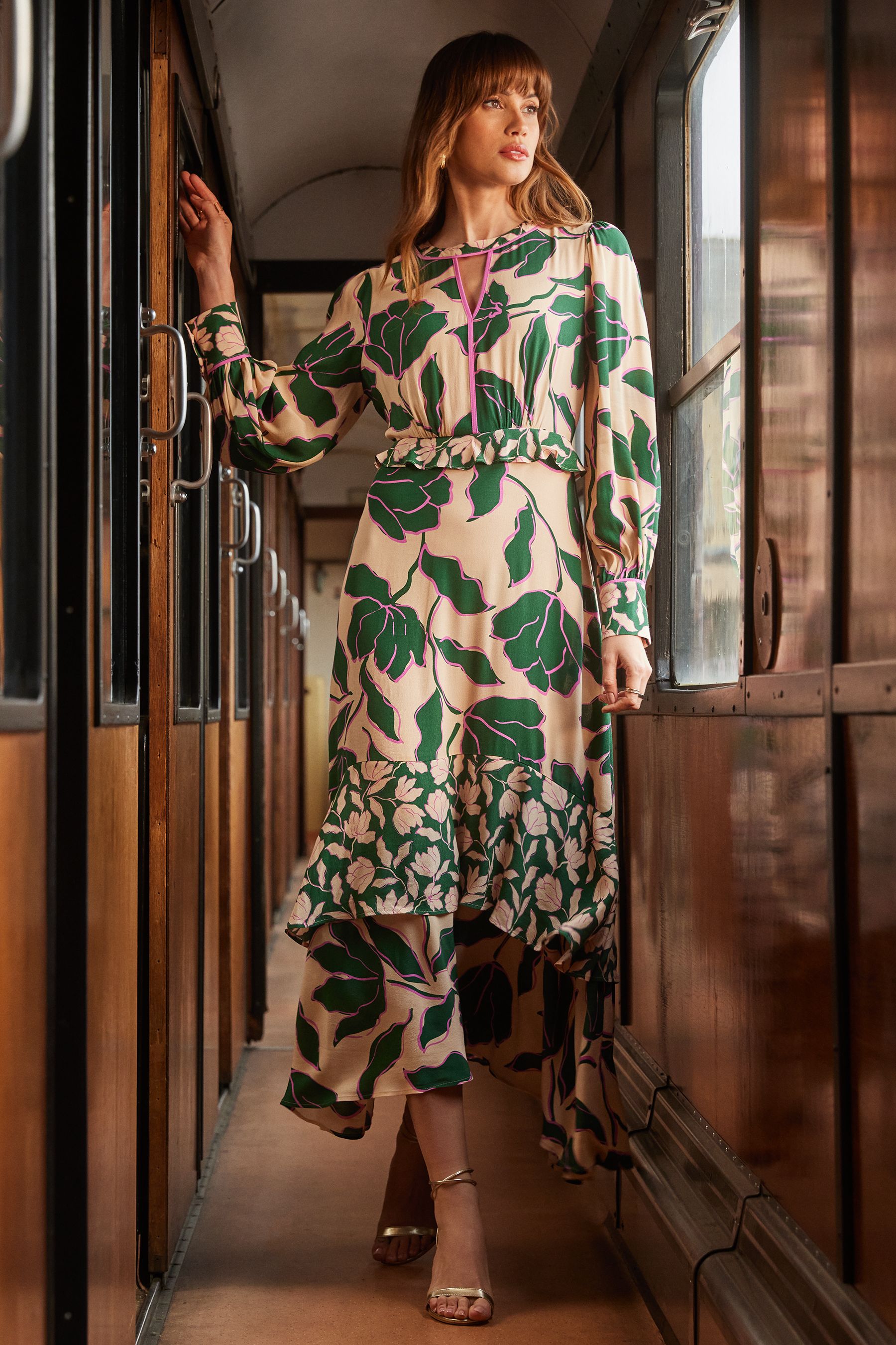 Buy Love Roses Cream and Green Long Sleeve Key Hole Front Ruffle Detail Midi Dress from Next Luxembourg
