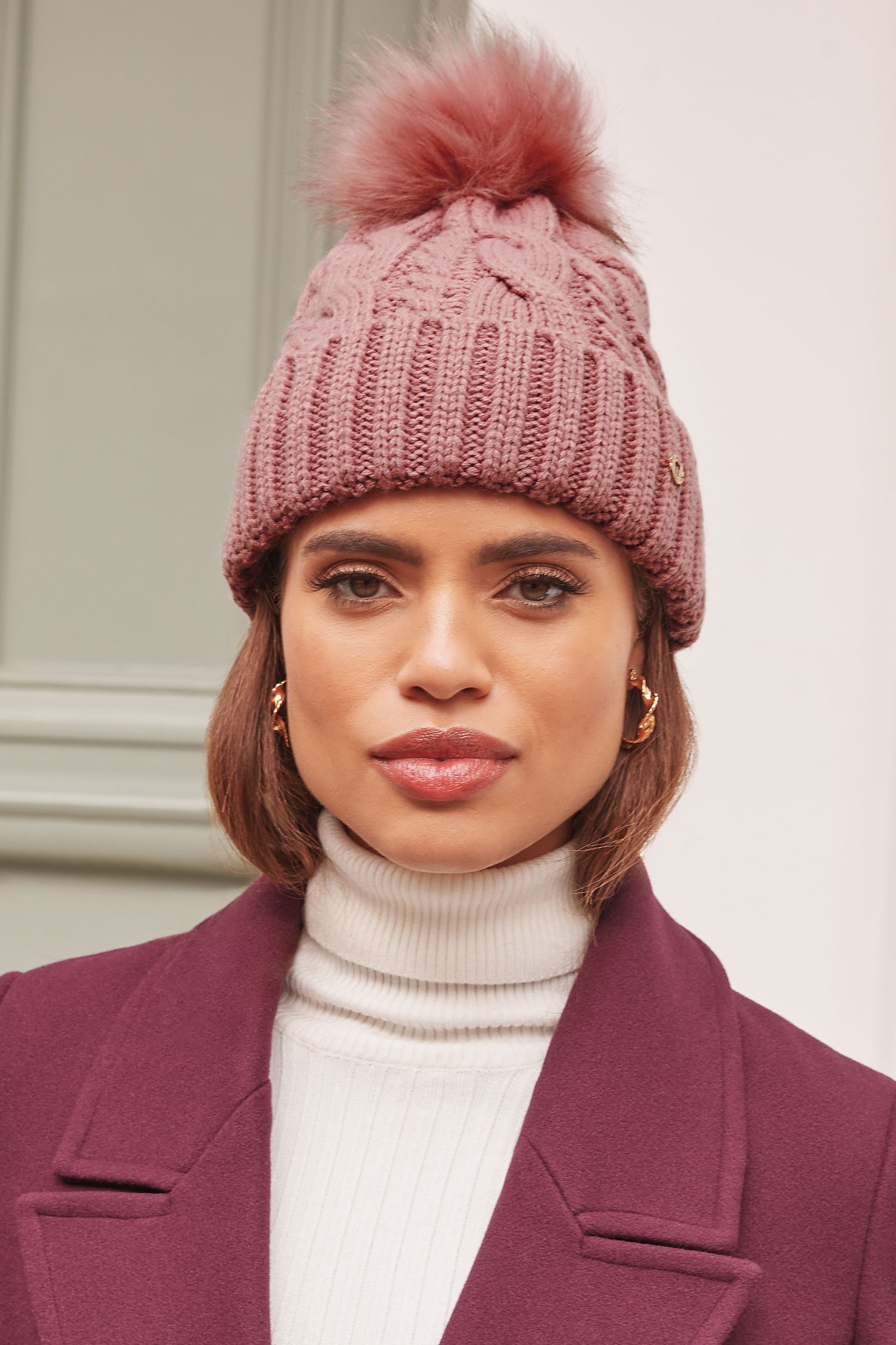 Lipsy Pink Cosy Cable Bobble Hat