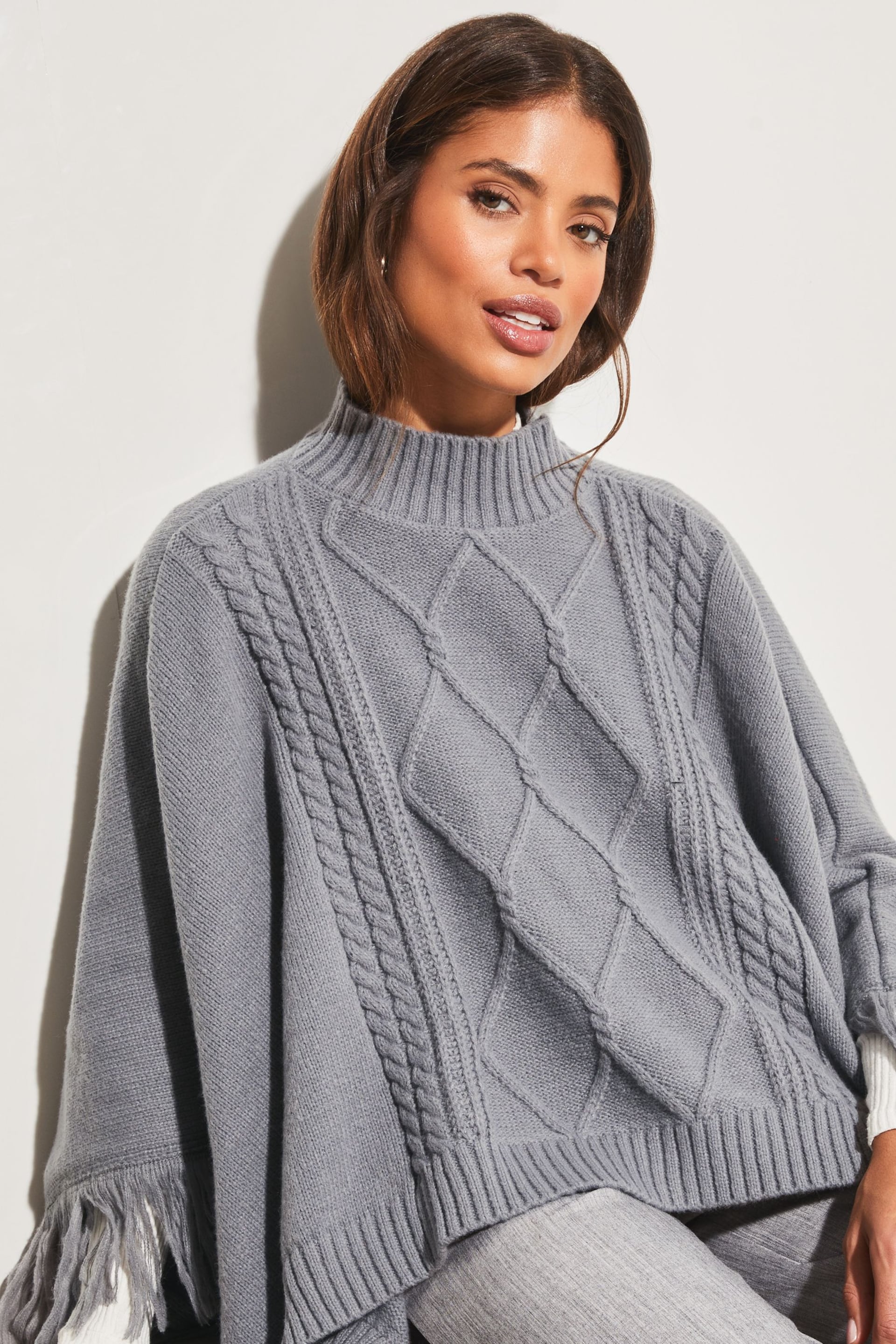 Lipsy Grey Super Soft Cosy Roll Neck Cable Knit Poncho - Image 3 of 4