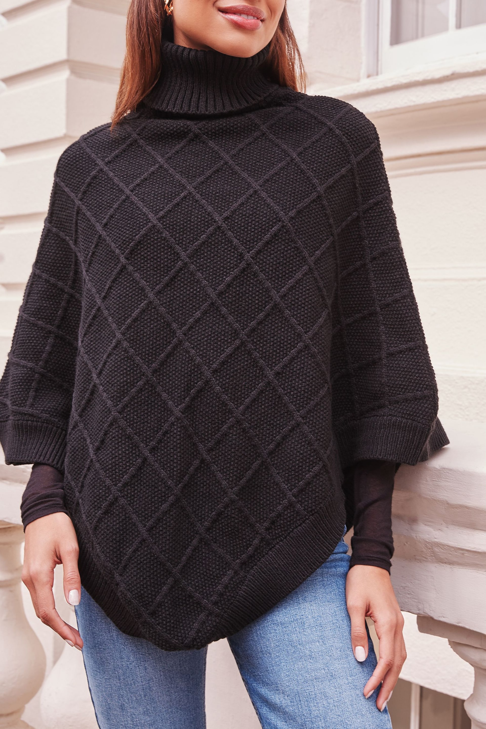 Lipsy Black Cosy Cable Knit Roll Neck Poncho - Image 3 of 4