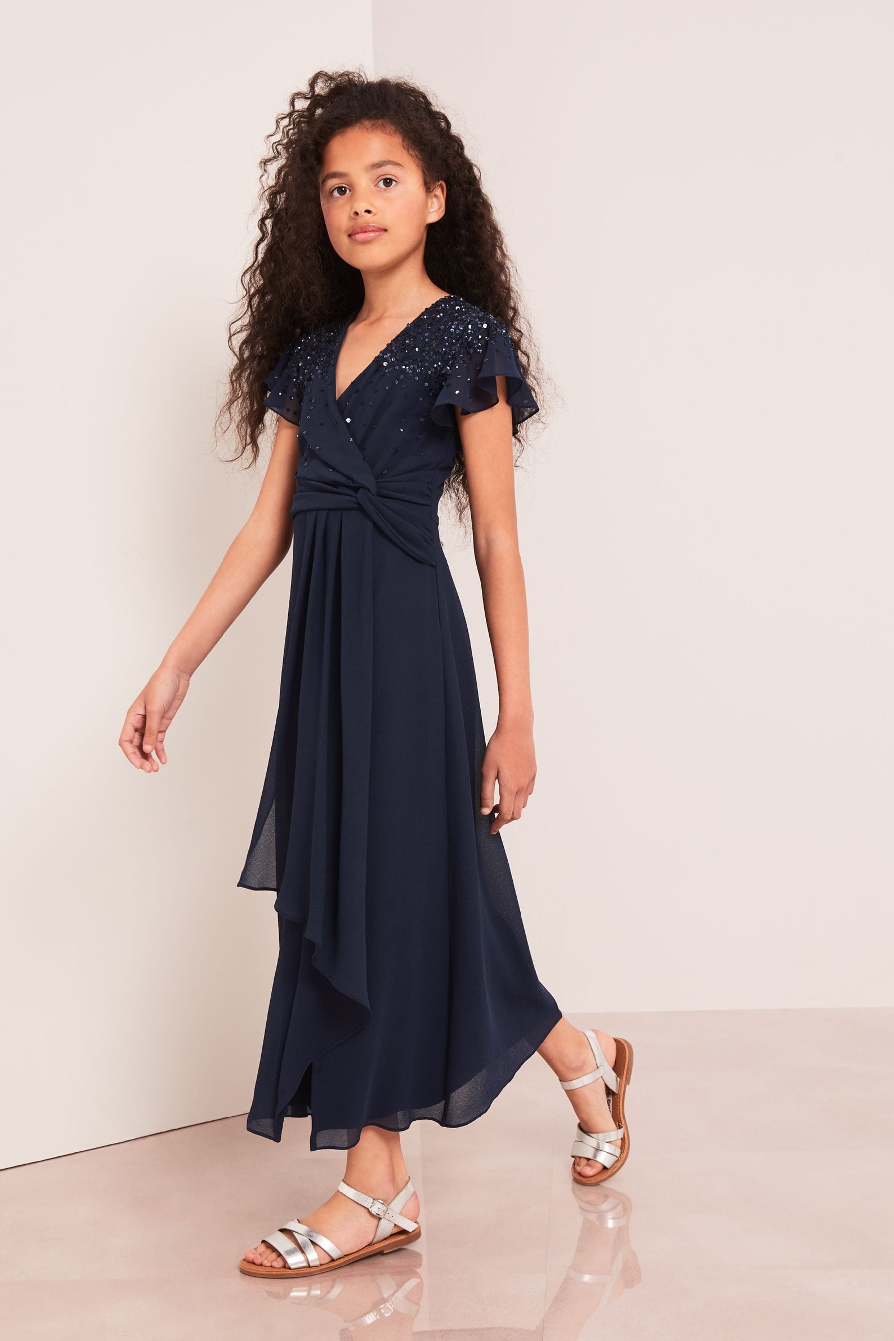 Buy Lipsy Navy Embellished Flutter Sleeve Occasion Maxi Dress Teen from Next Luxembourg