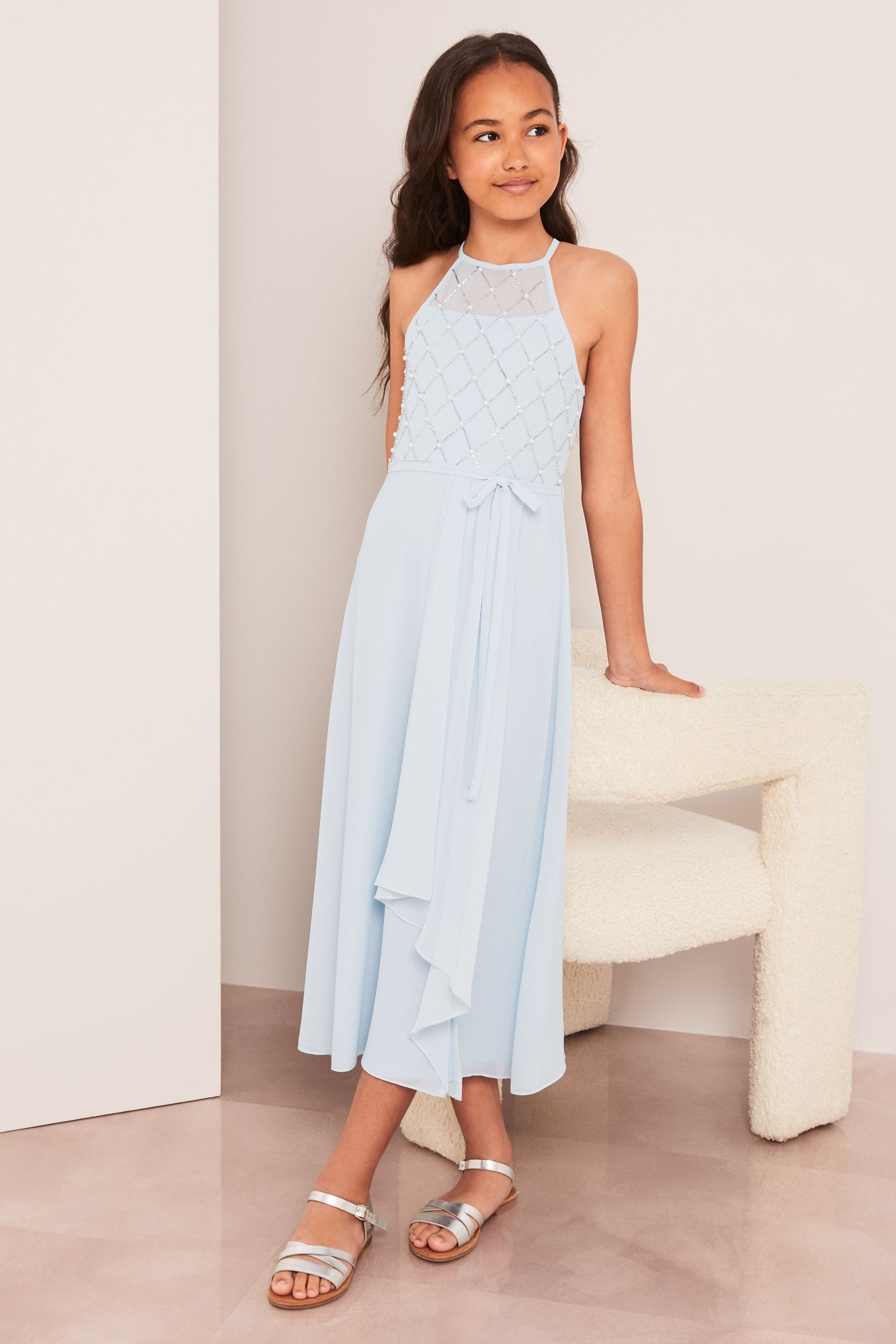 Lipsy Light Blue Strap Maxi Pearl Occasion Dress 7 16yrs