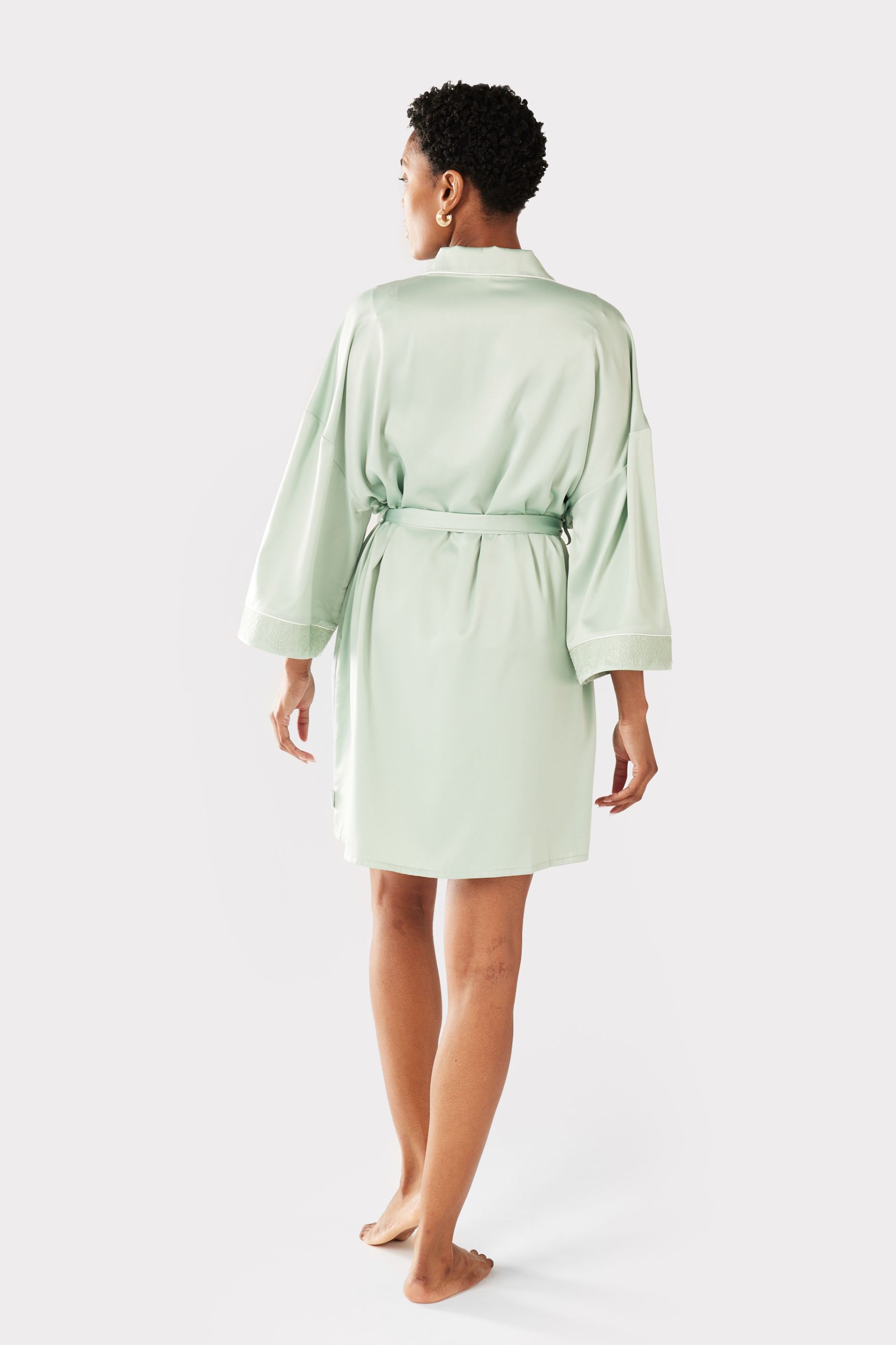 Buy Chelsea Peers Sage Green Satin Lace Trim Dressing Gown from Next Luxembourg