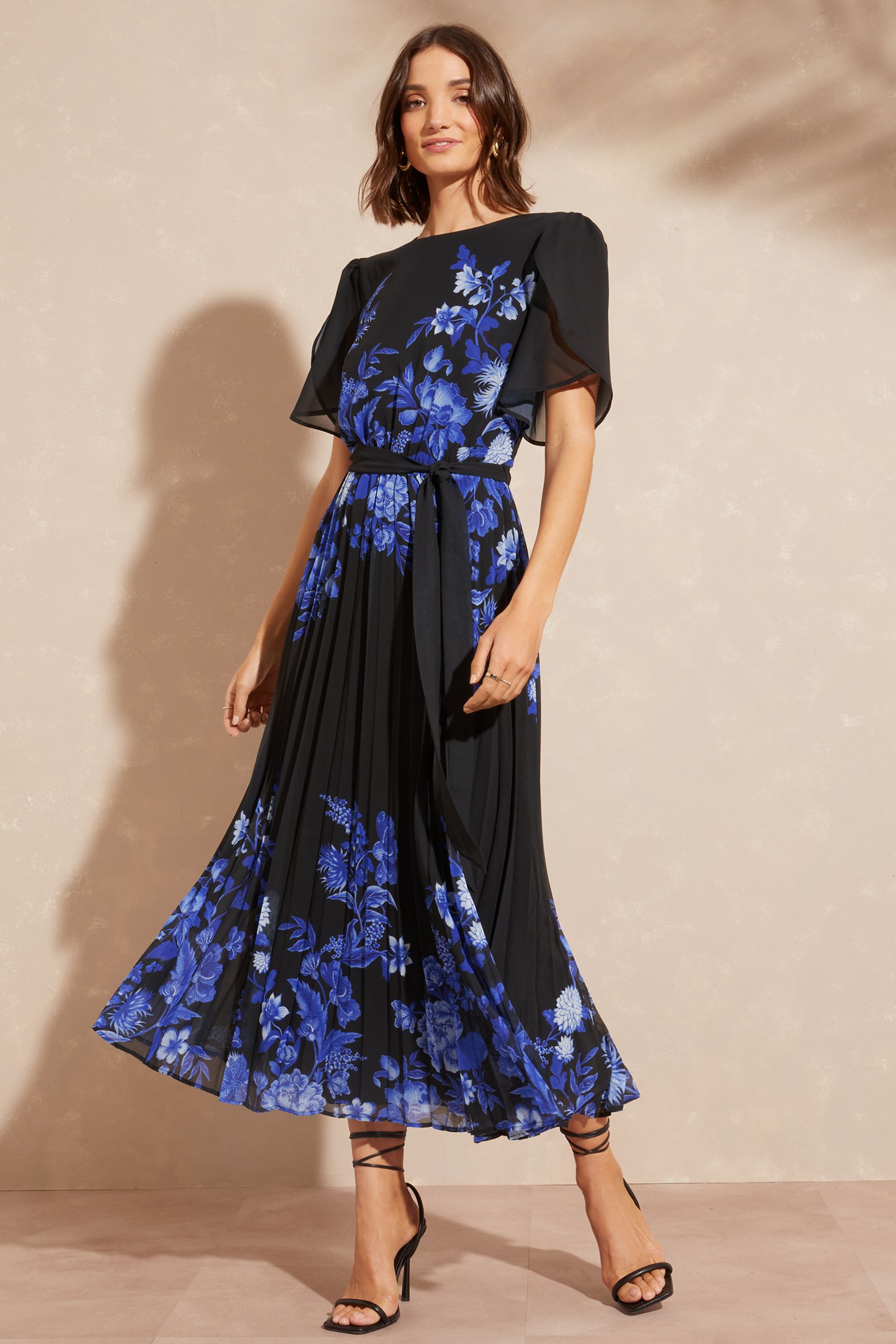 Buy V A Love Roses Black Floral Petite Placement Printed Tulip Sleeve Belted Pleated Midi Dress from Next Denmark