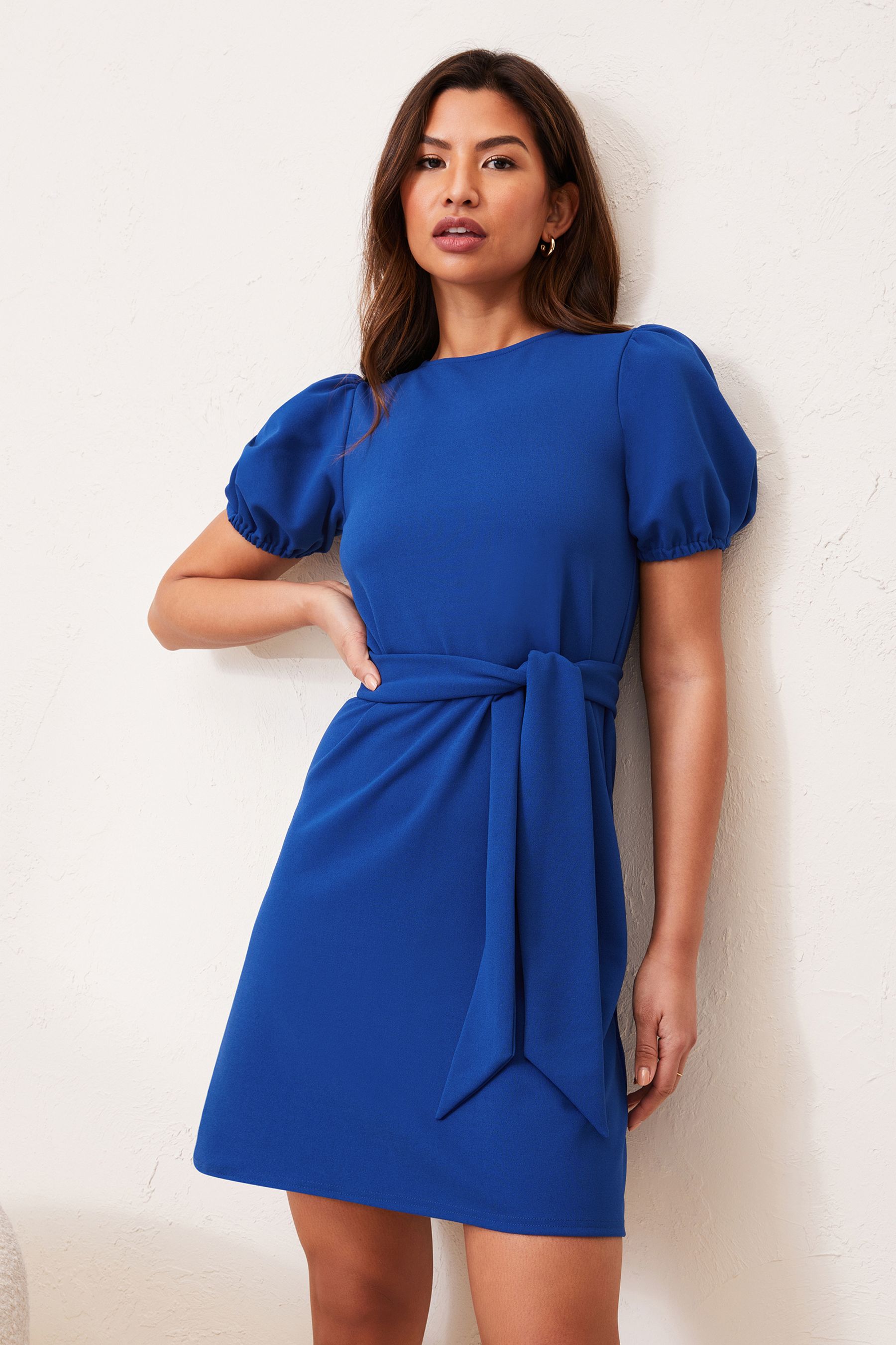 Buy Lipsy Cobalt Blue Puff Sleeve Belted Shift Dress from Next Luxembourg