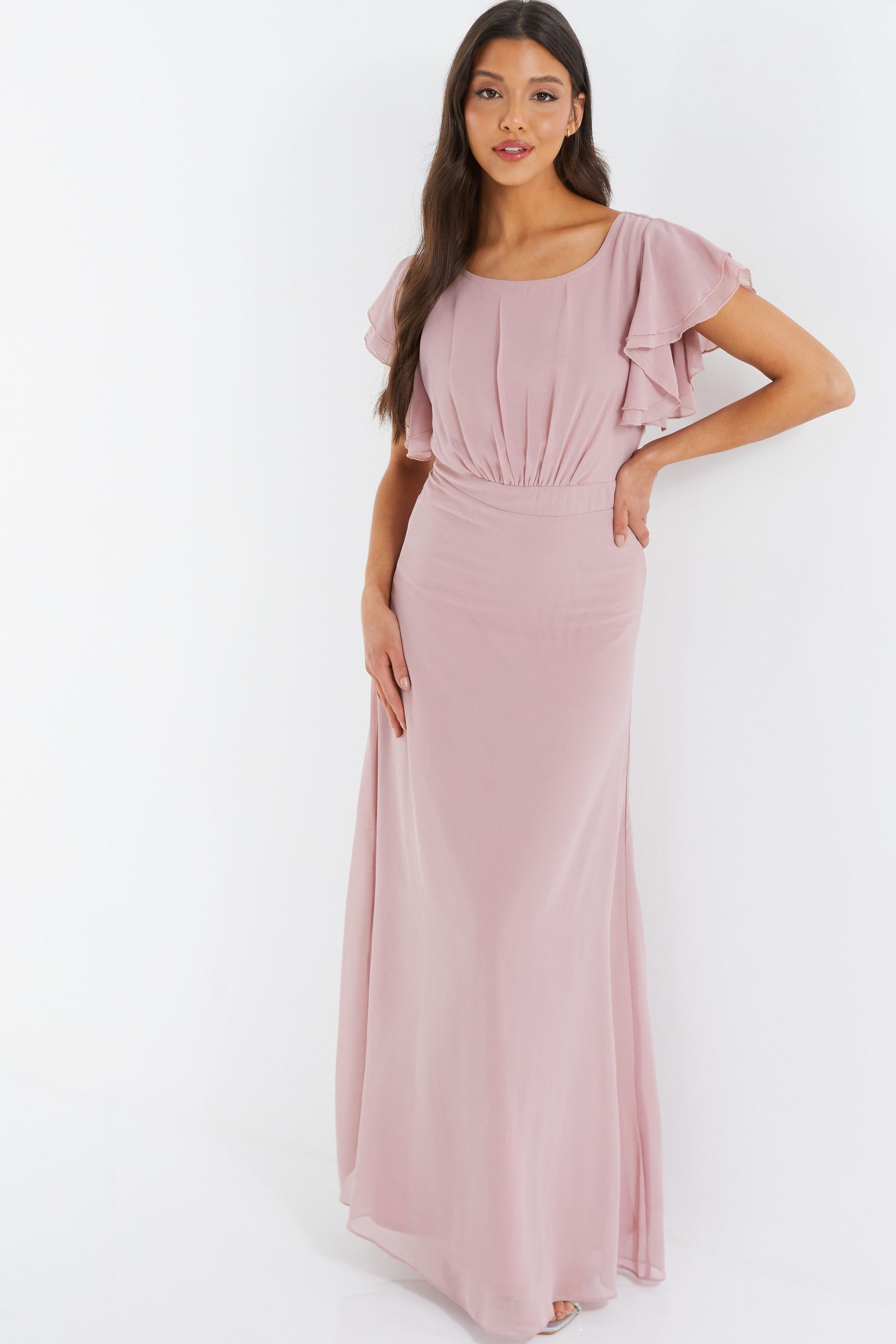 Buy Quiz Light Pink Chiffon Round Neck Frill Sleeve Maxi Dress from Next Luxembourg